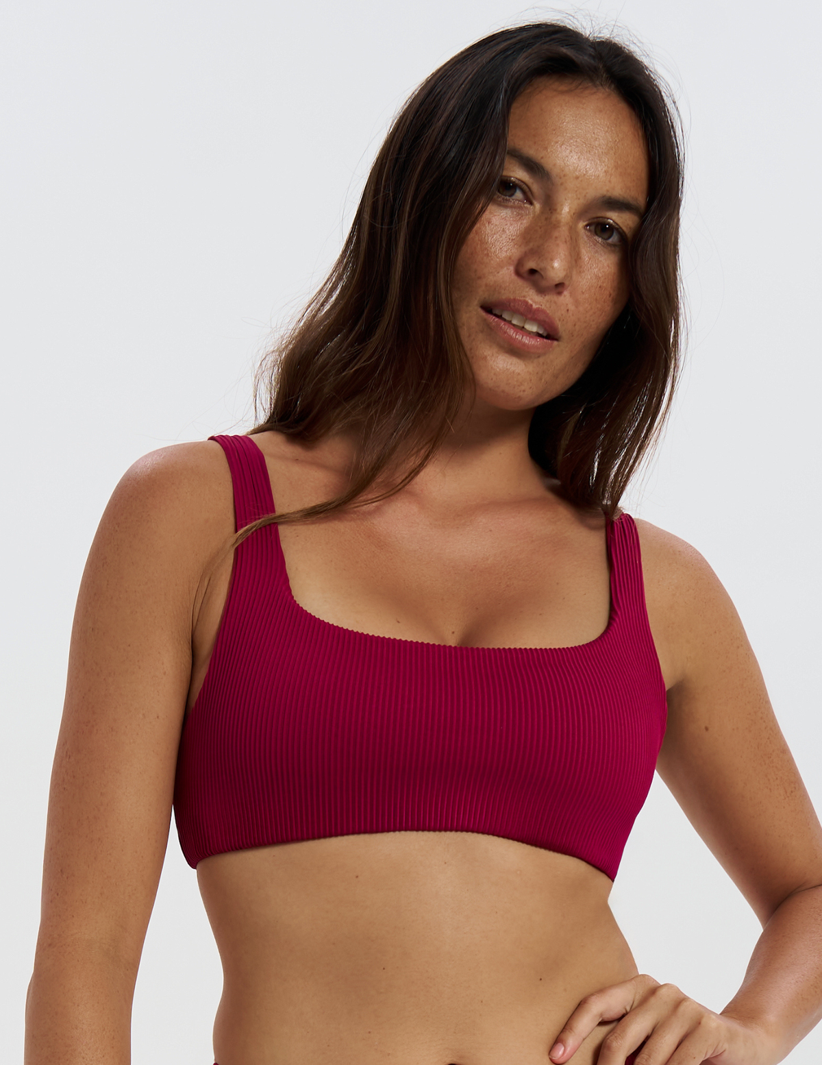 Nikoi Plum Womens Ribbed Tank Bikini Top, front view. Sustainable womens swimwear.