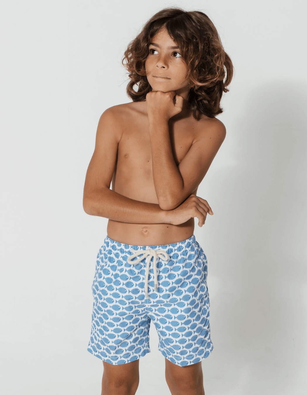 Father & Son Swim Shorts Baby Blue Fish, back view. Father and son matching swim shorts.