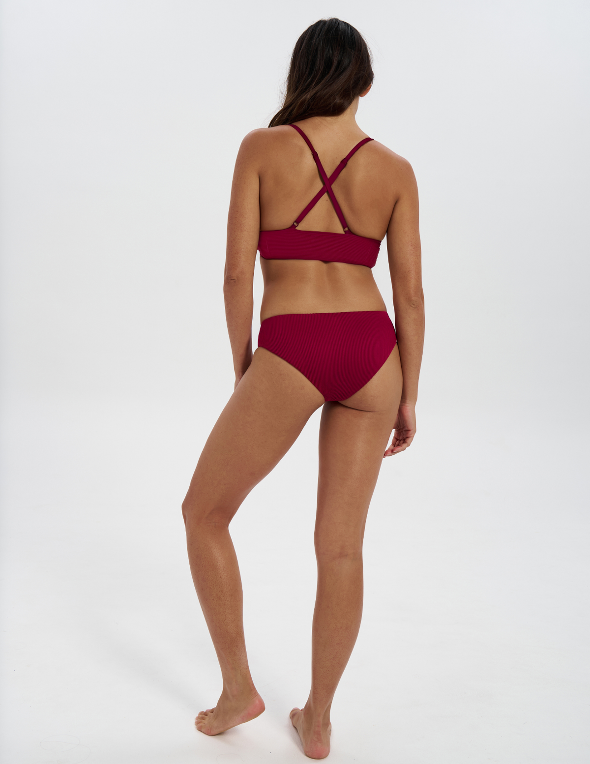 Flores Plum Womens Ribbed Plunge Bikini Top, additional view. Sustainable womens swimwear.