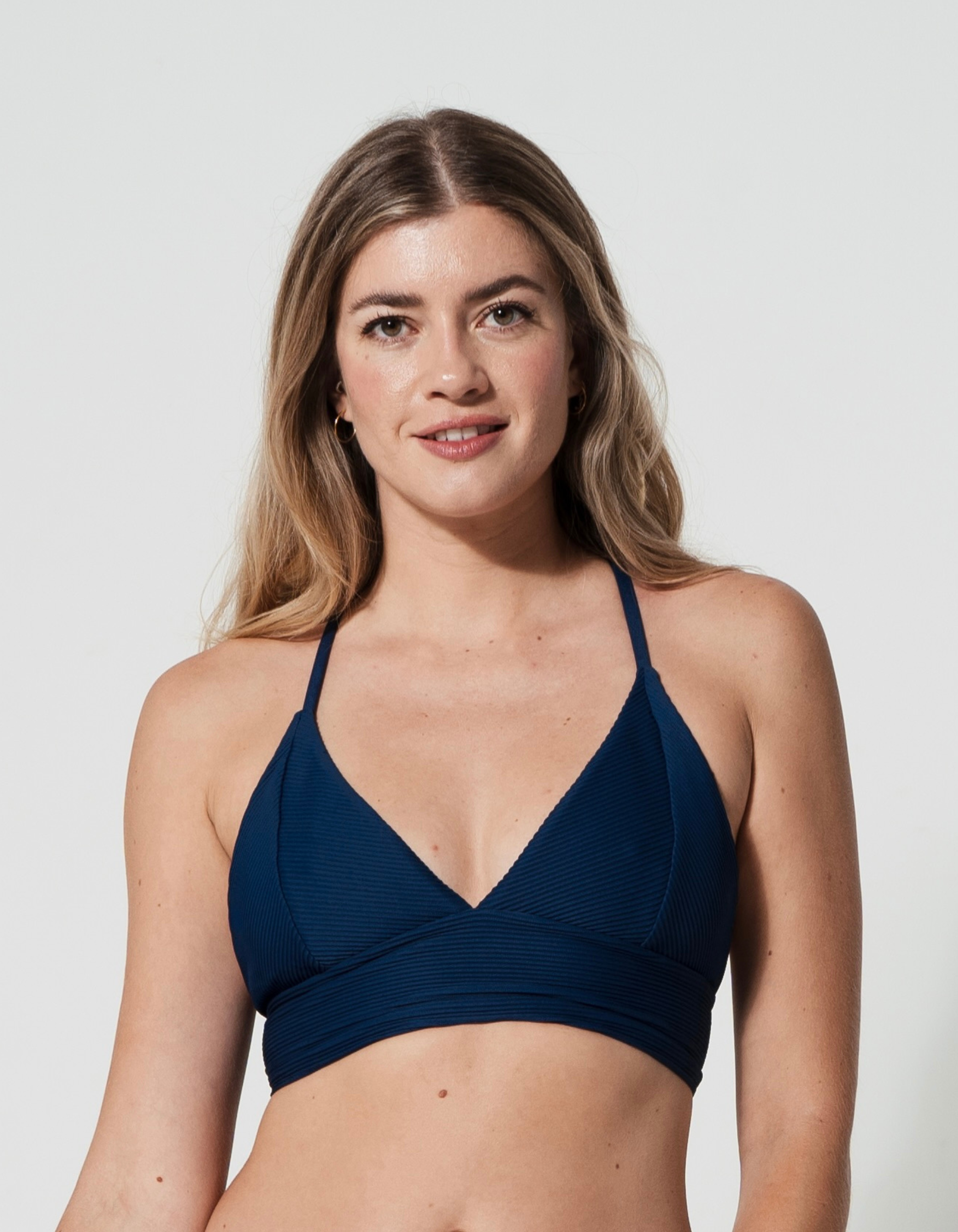 Flores Midnight Blue Womens Ribbed Plunge Bikini Top, additional view. Sustainable womens swimwear.
