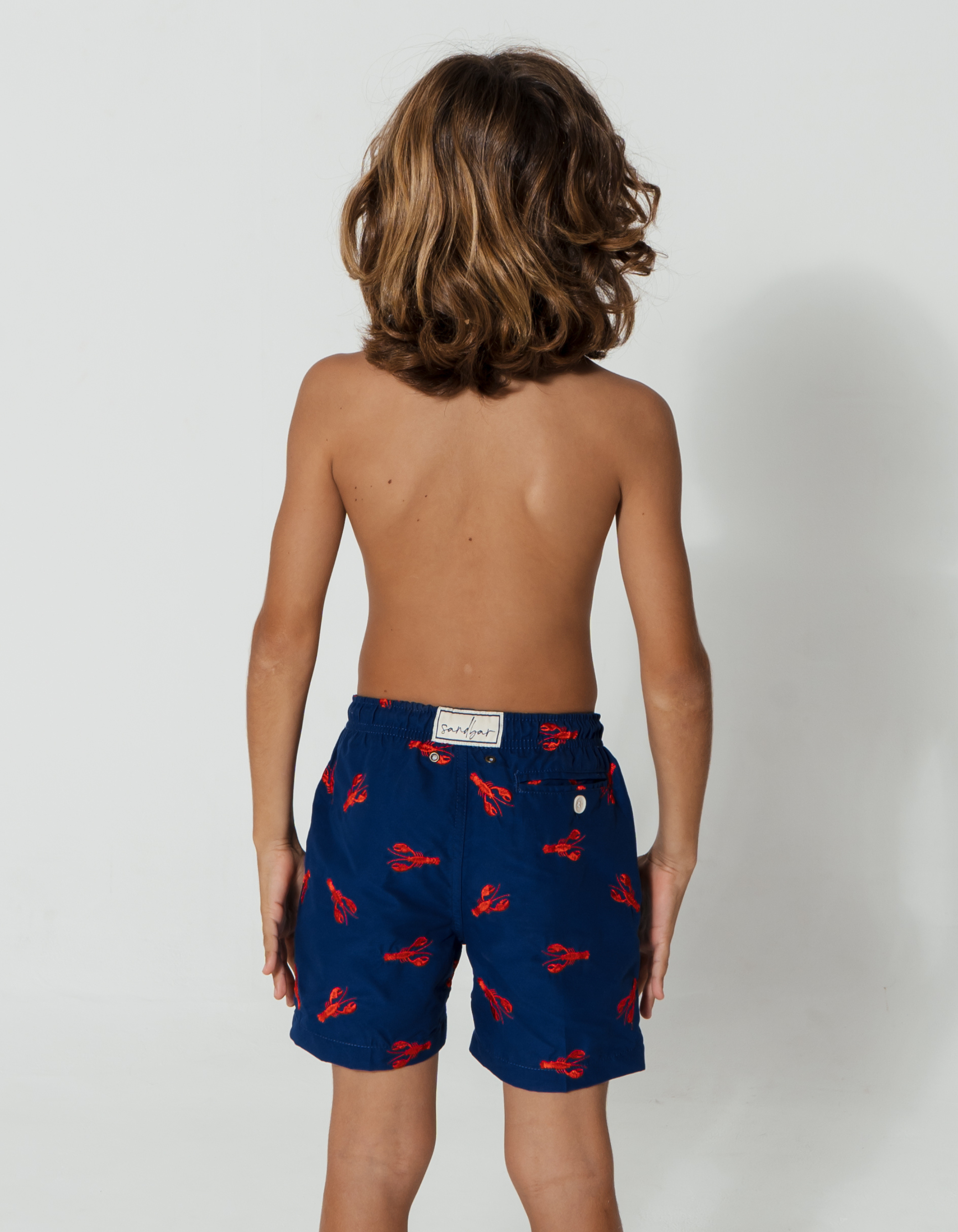 Embroidered Red Lobster Boys Swim Shorts, additional view. Embroidered kids swim shorts.
