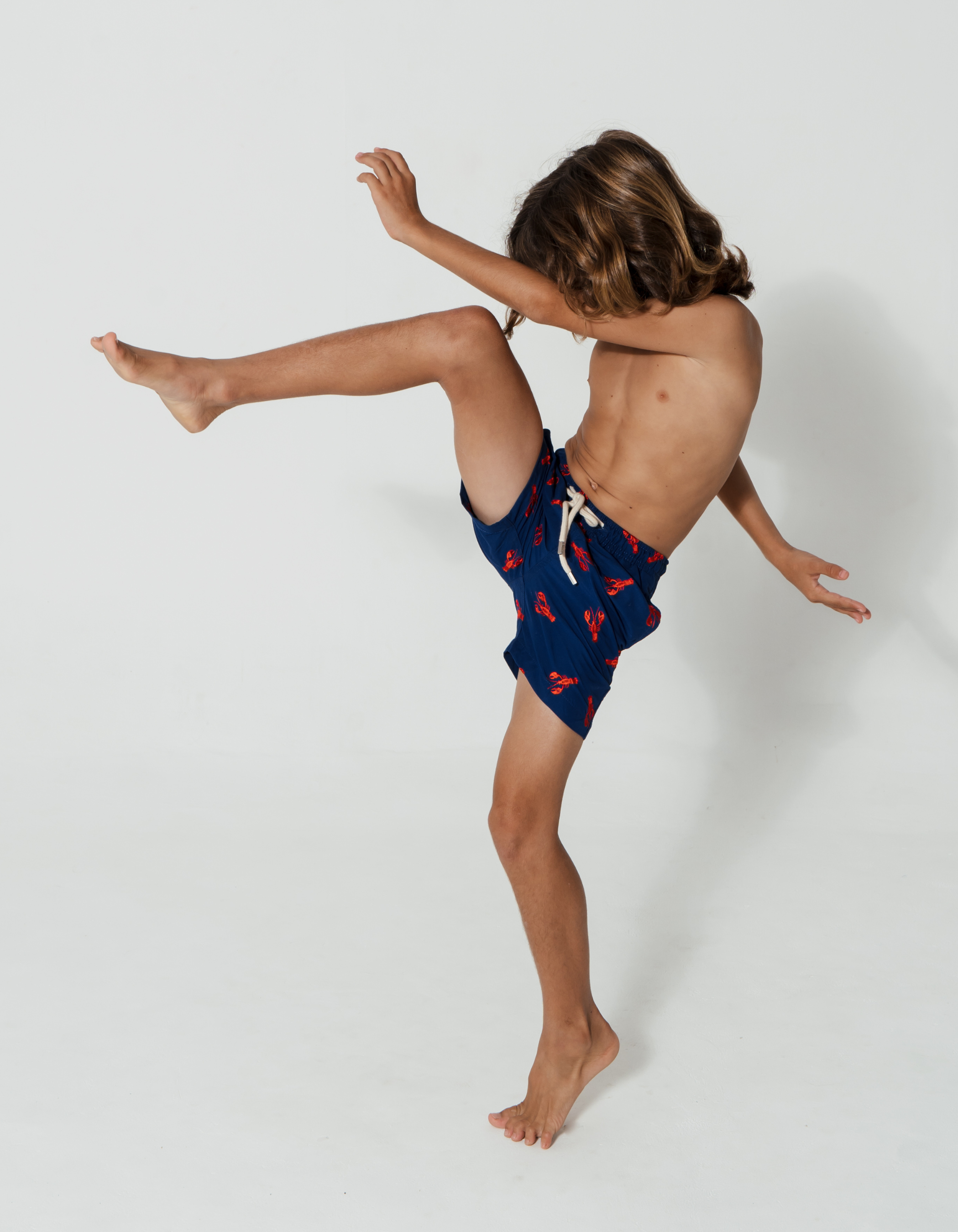 Embroidered Red Lobster Boys Swim Shorts, additional view. Embroidered kids swim shorts.