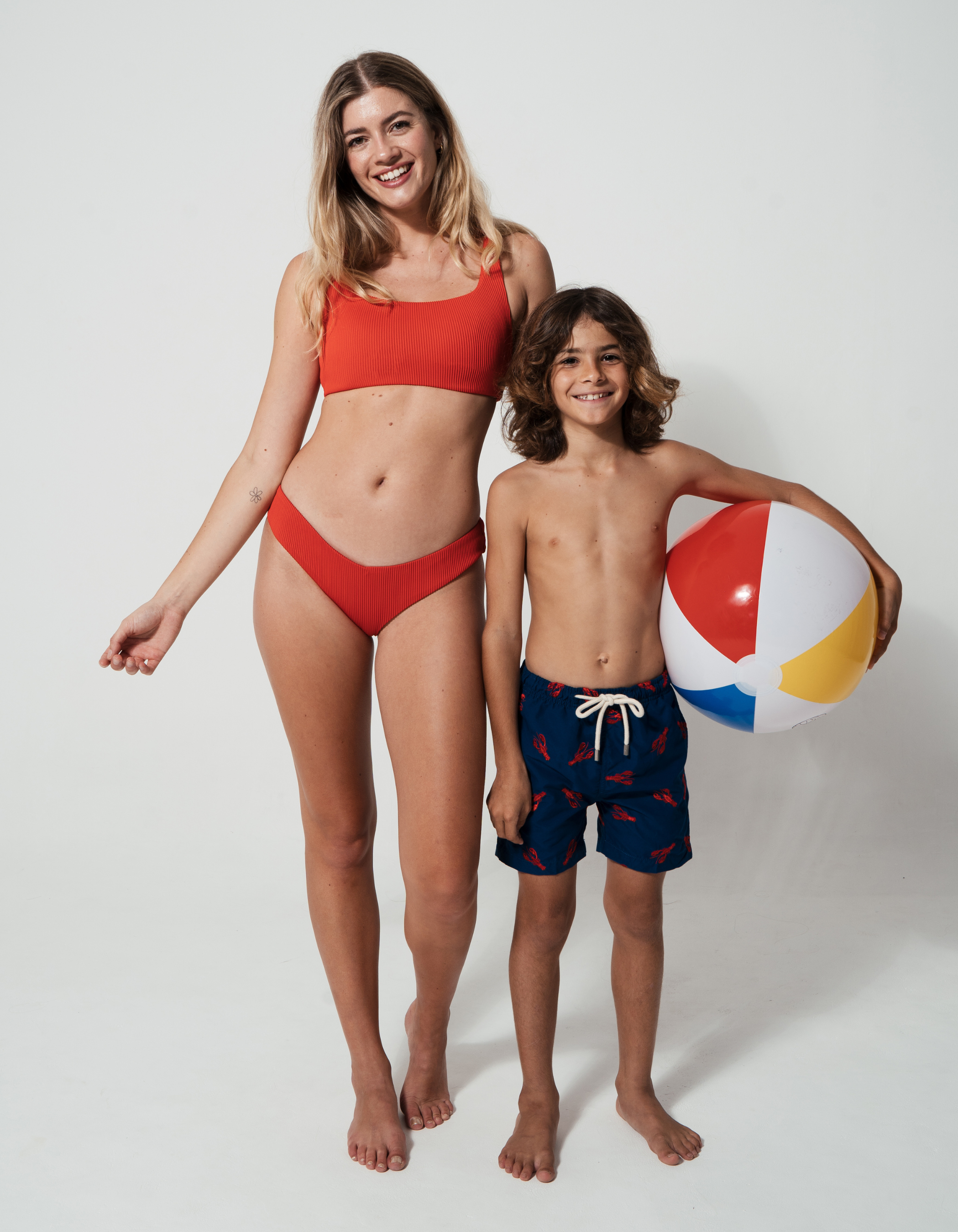 Embroidered Red Lobster Boys Swim Shorts, additional view. Embroidered kids swim shorts.