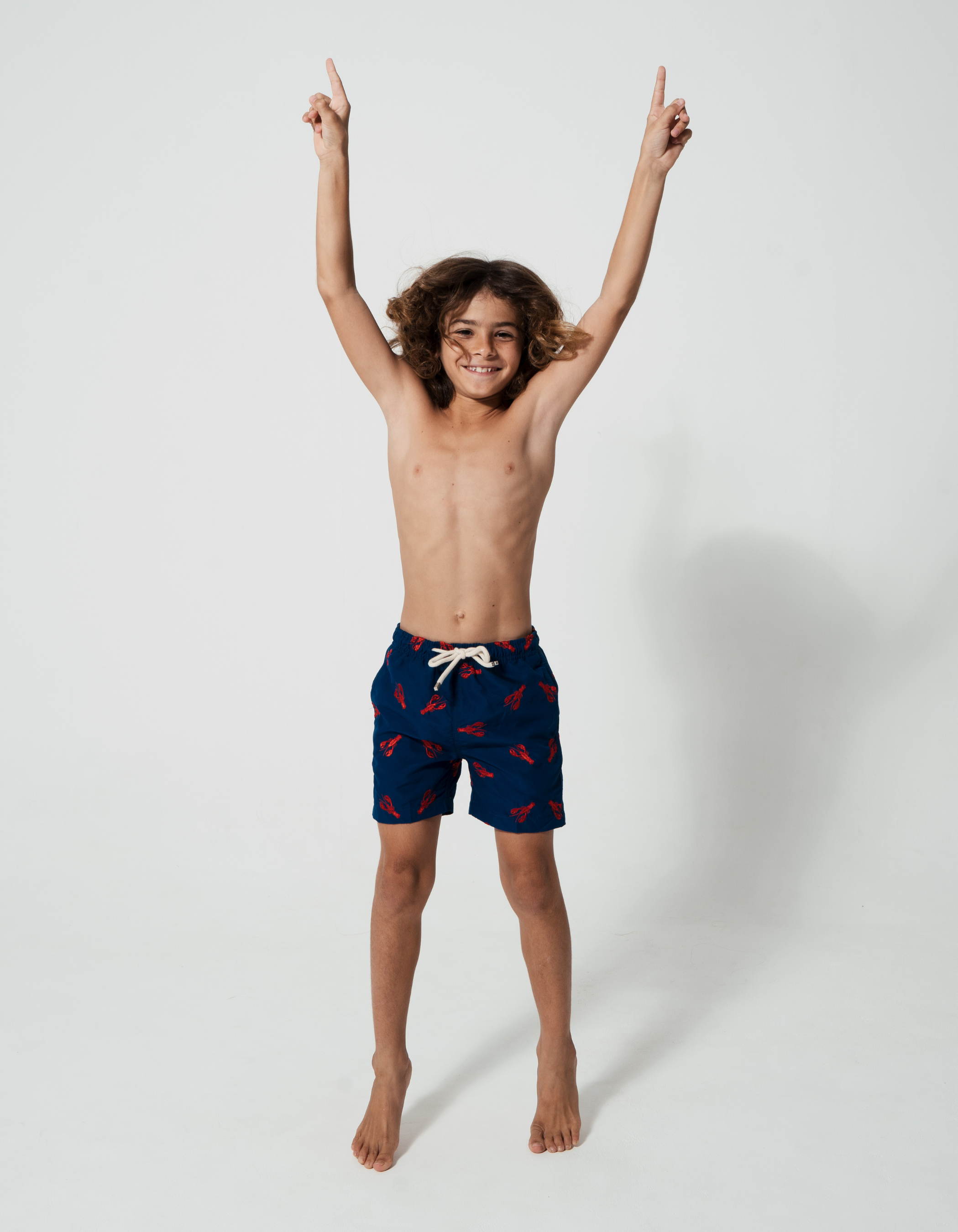 Embroidered Red Lobster Boys Swim Shorts, additional view. Embroidered kids swim shorts.