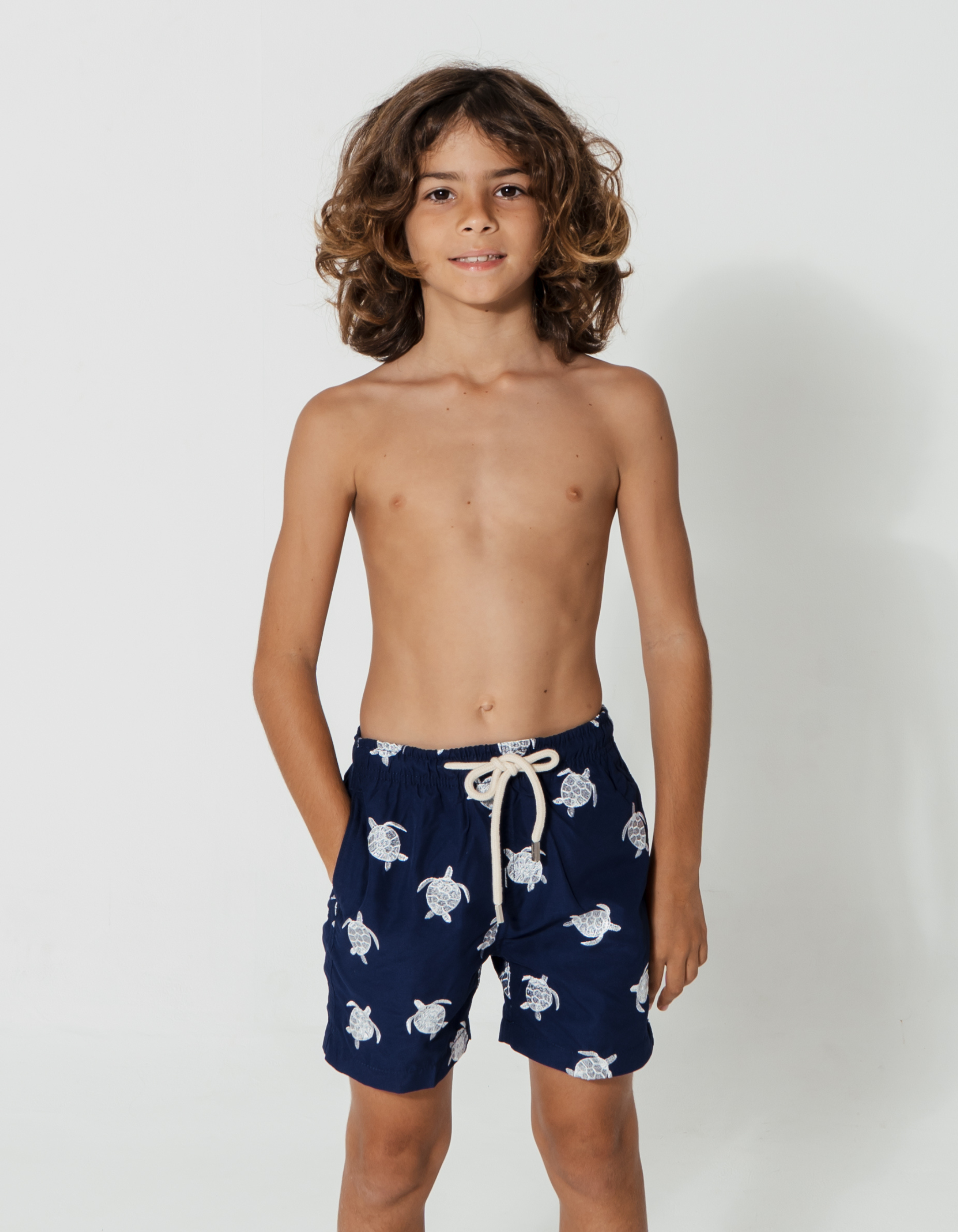 Embroidered Turtle Boys Swim Shorts, front view. Embroidered kids swim shorts.