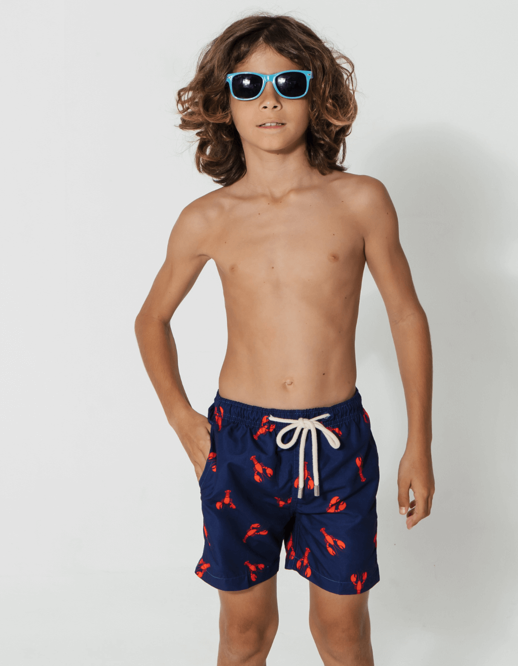 Father & Son Swim Shorts Printed Red Lobster, back view. Father and son matching swim shorts.
