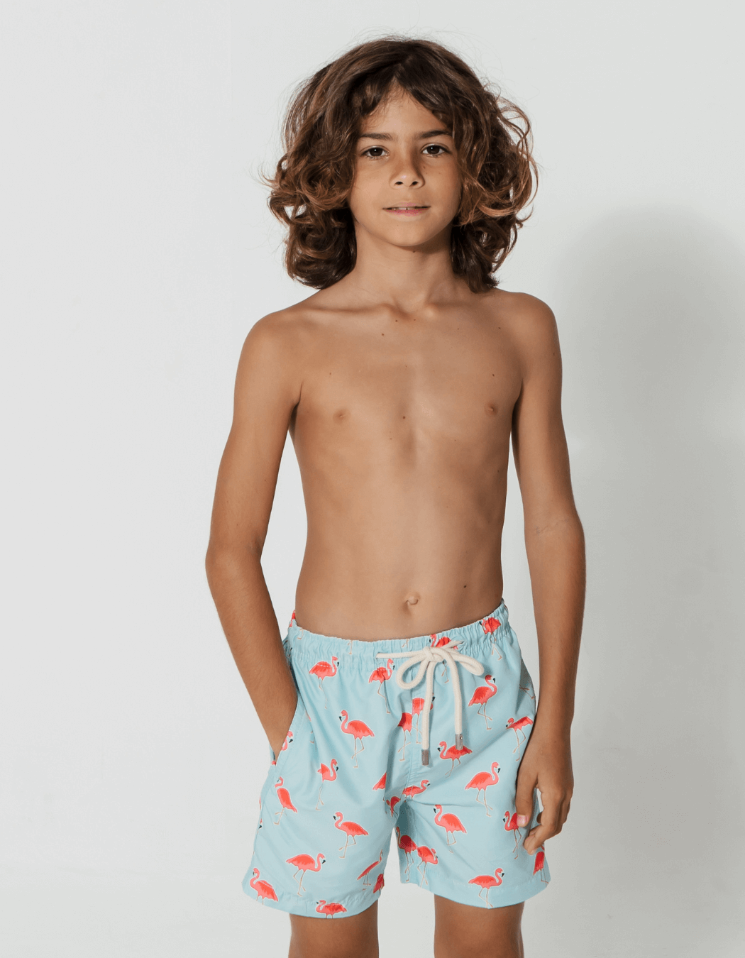 Father & Son Swim Shorts Flamingo, back view. Father and son matching swim shorts.