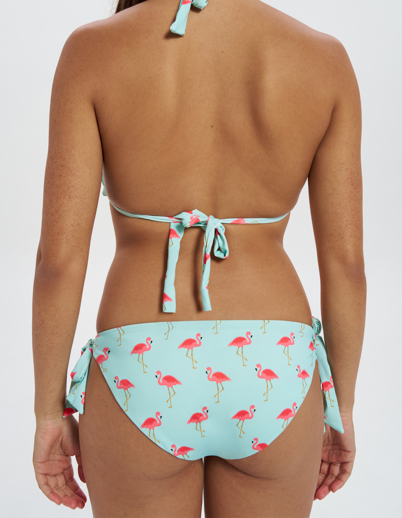 Hipster Tie Side Pink Flamingo Womens Bikini Bottoms, back view. Sustainable womens swimwear.
