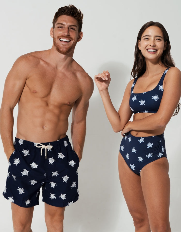 His & Hers Blue Turtle, front view. Family matching swimwear.