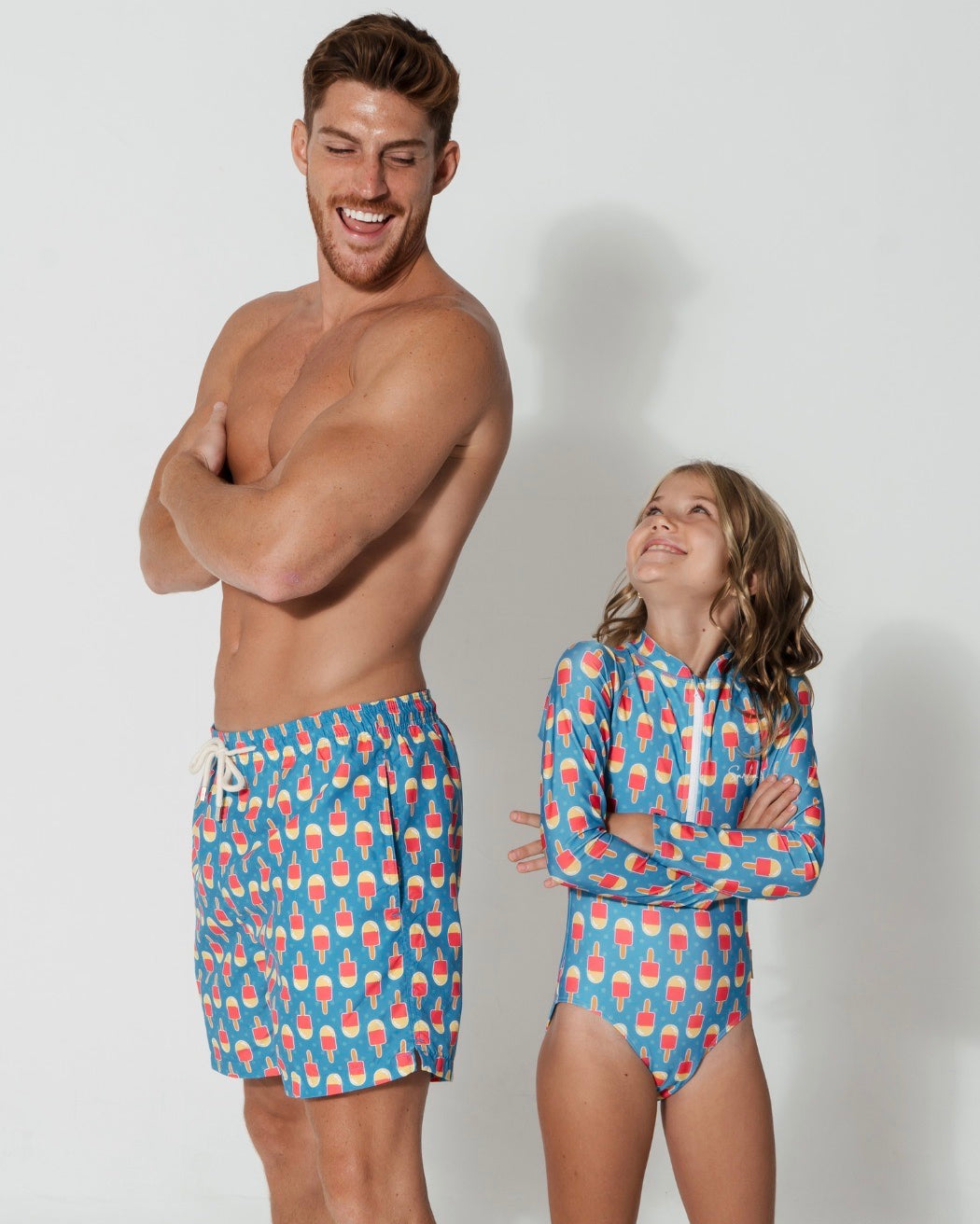 Father & Daughter Ice Lolly, front view. Father and son matching swim shorts.