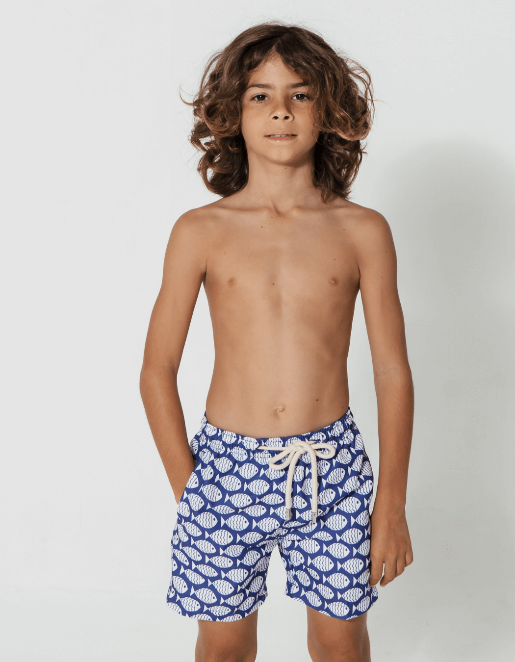 Father & Son Swim Shorts Blue Fish, back view. Father and son matching swim shorts.