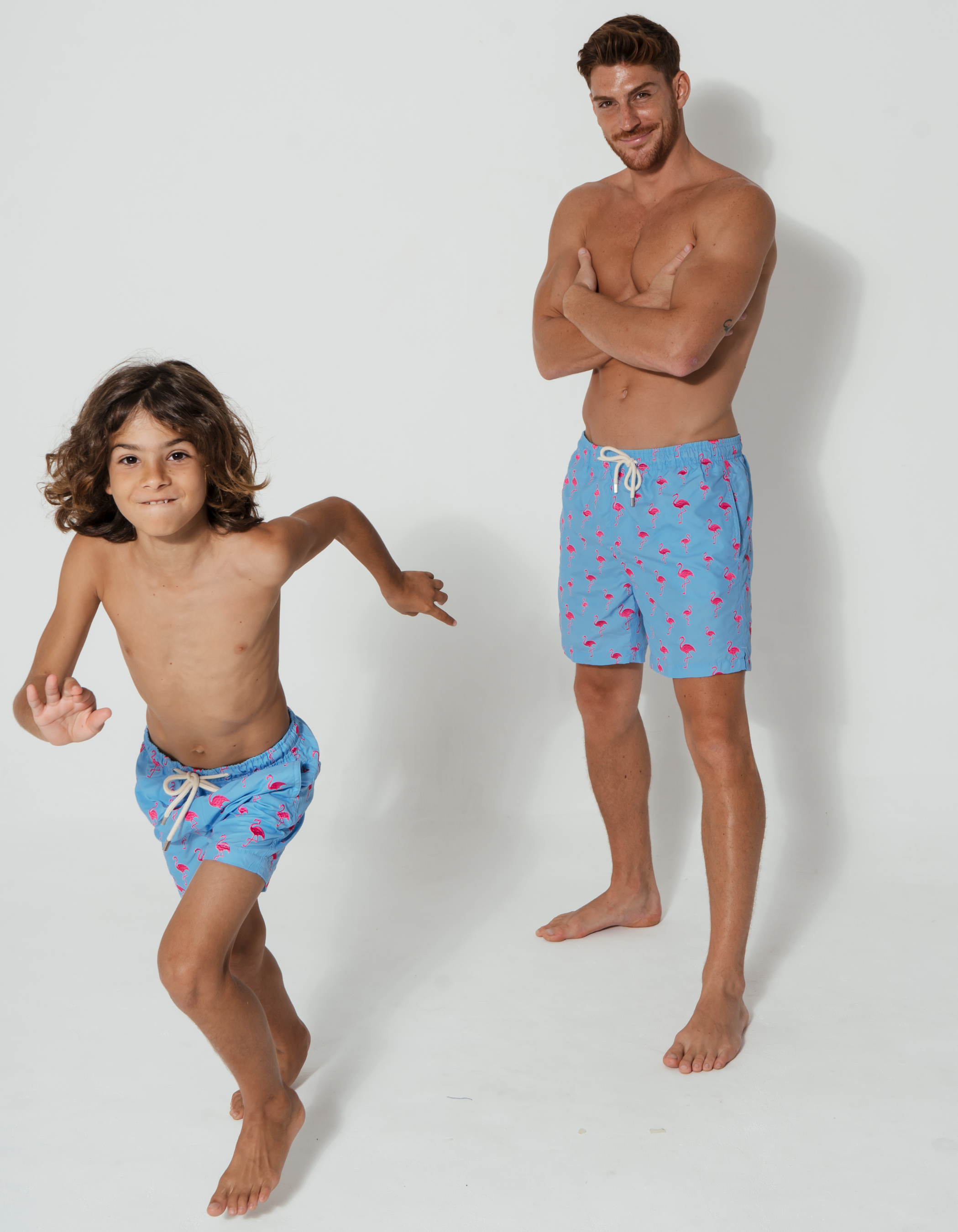 Embroidered Pink Flamingo Boys Swim Shorts, additional view. Embroidered kids swim shorts.