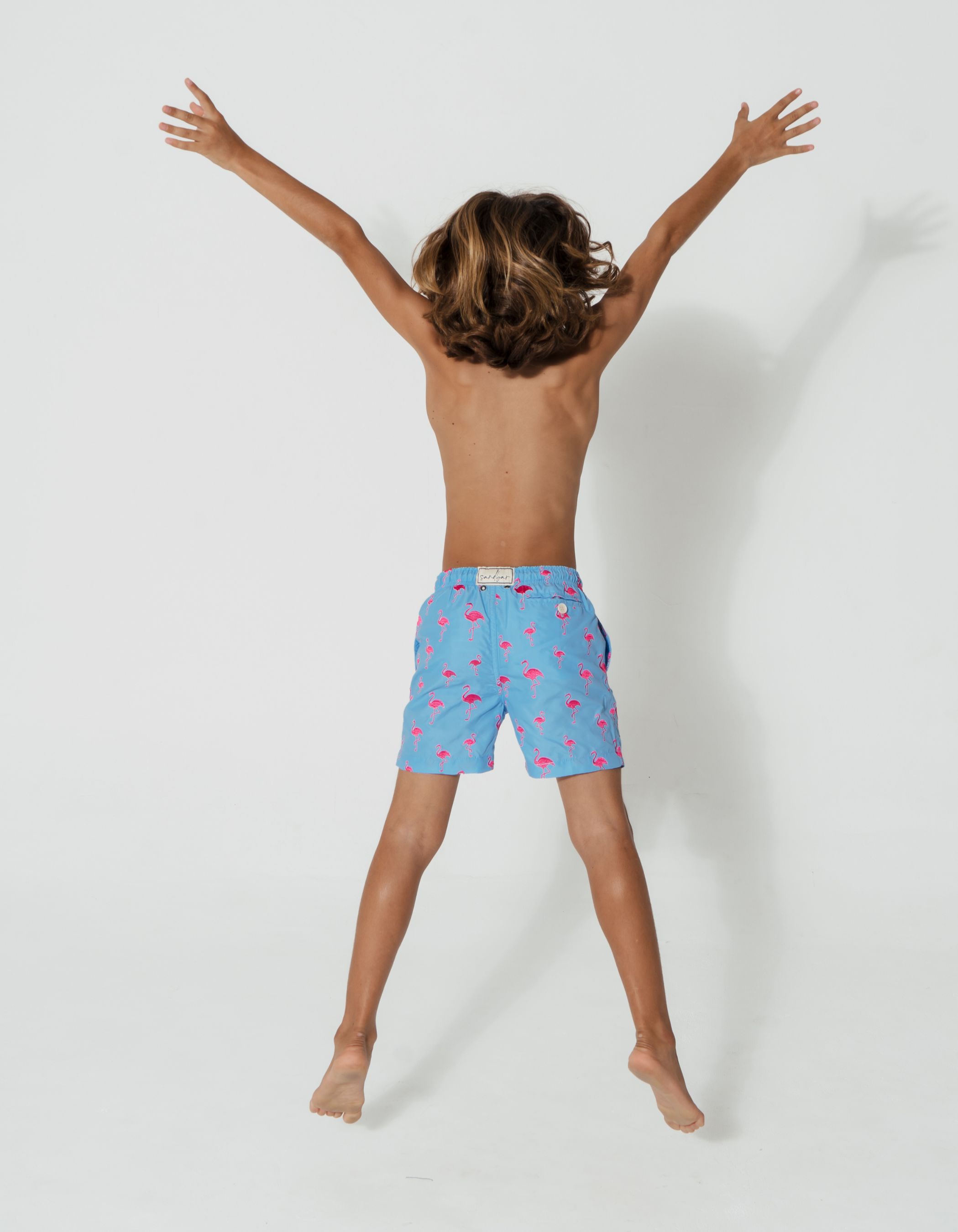 Embroidered Pink Flamingo Boys Swim Shorts, additional view. Embroidered kids swim shorts.