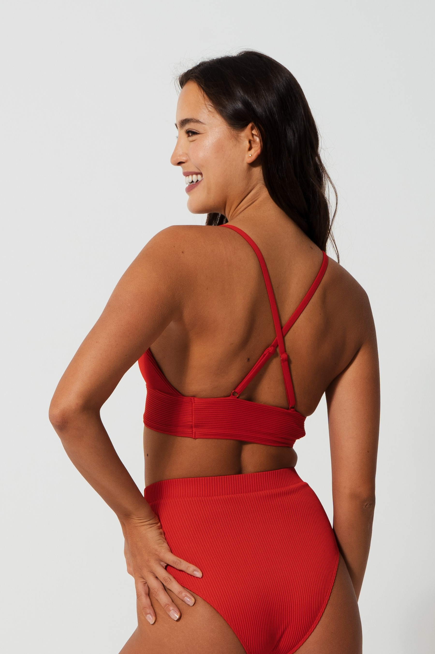 Flores Lipstick Red Womens Ribbed Plunge Bikini Top, print detail. Sustainable womens swimwear.