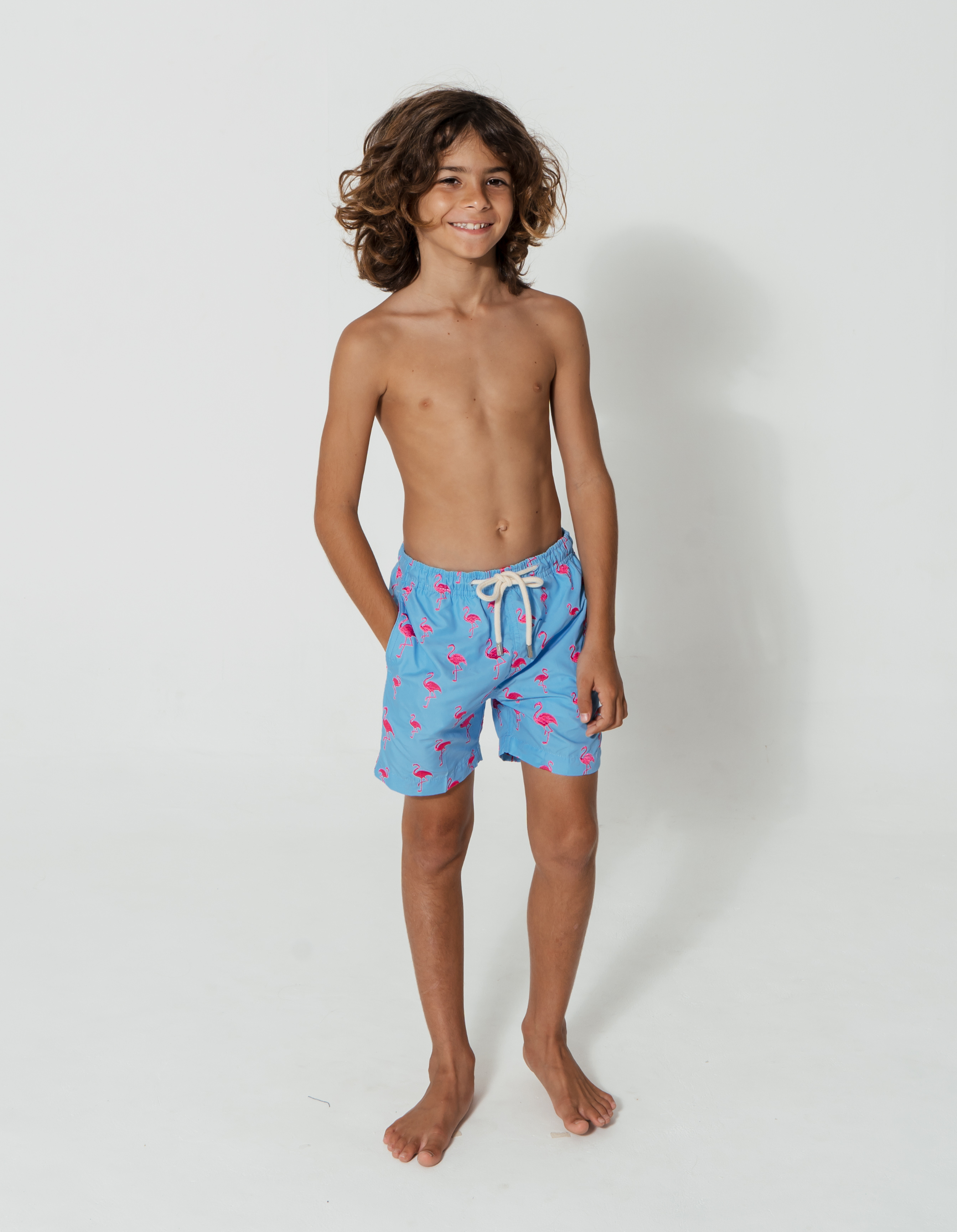 Embroidered Pink Flamingo Boys Swim Shorts, additional view. Embroidered kids swim shorts.