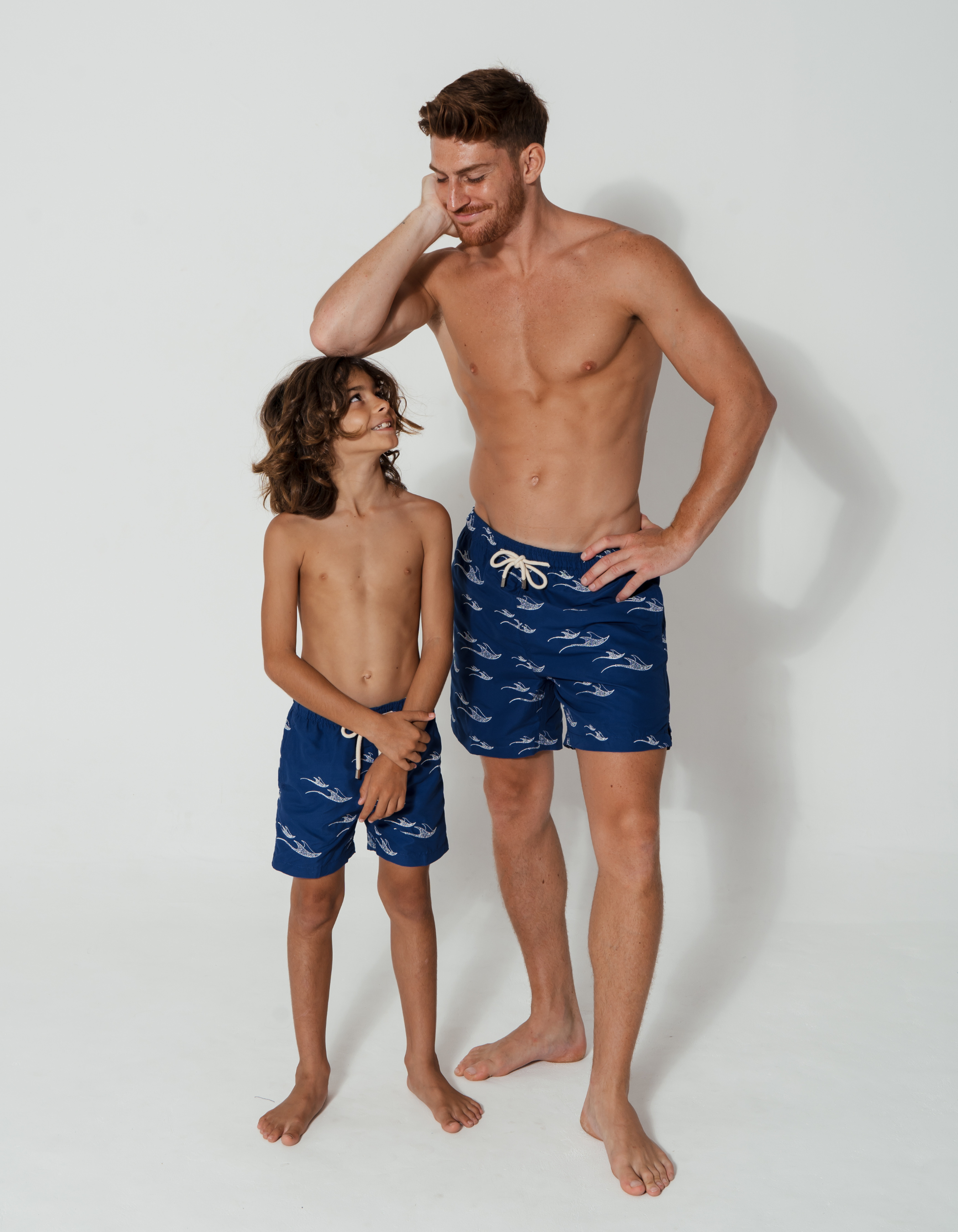 Embroidered Manta Boys Swim Shorts, print detail. Embroidered kids swim shorts.