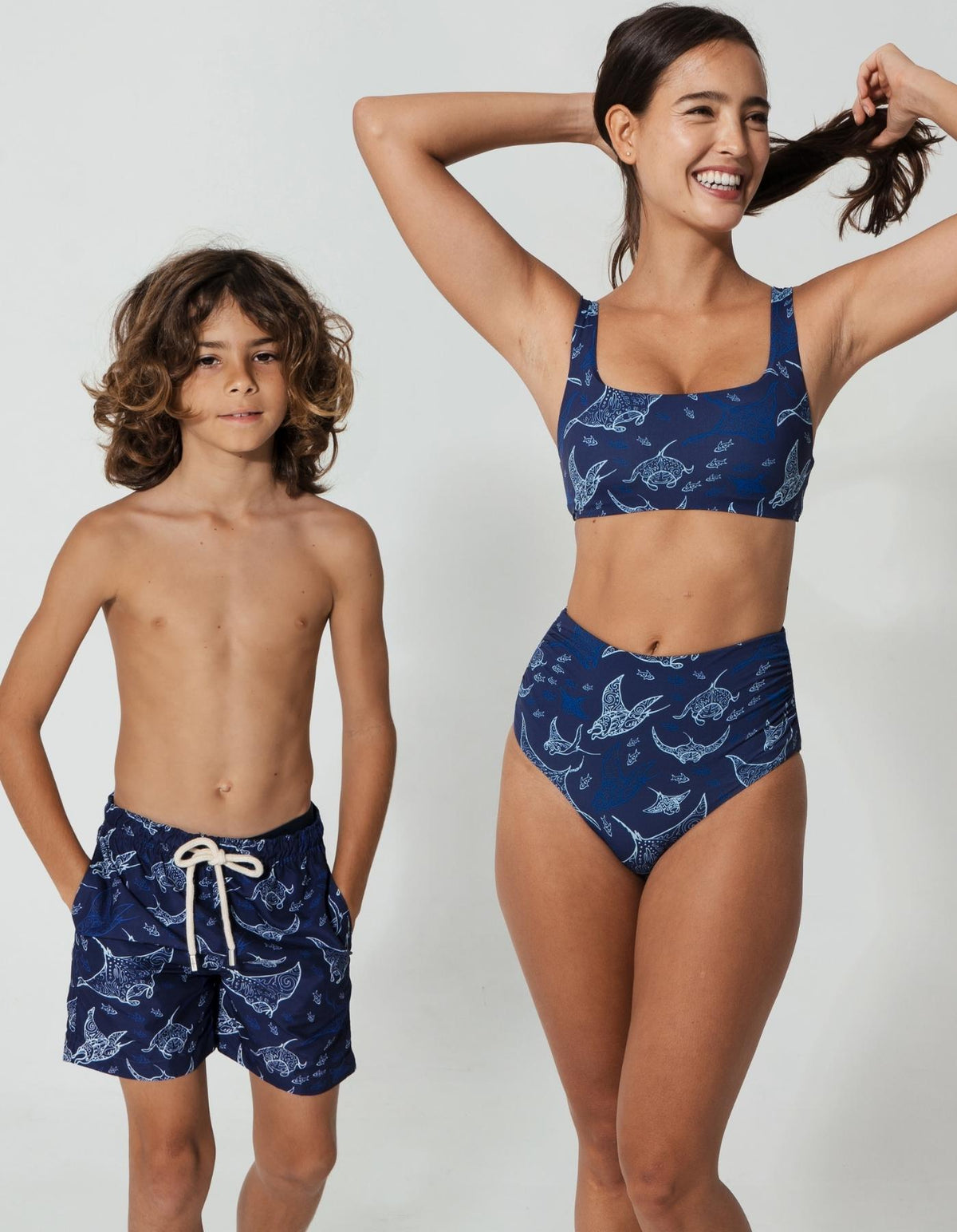 Mother & Son Ocean Manta, back view. Mother and son matching swimwear.