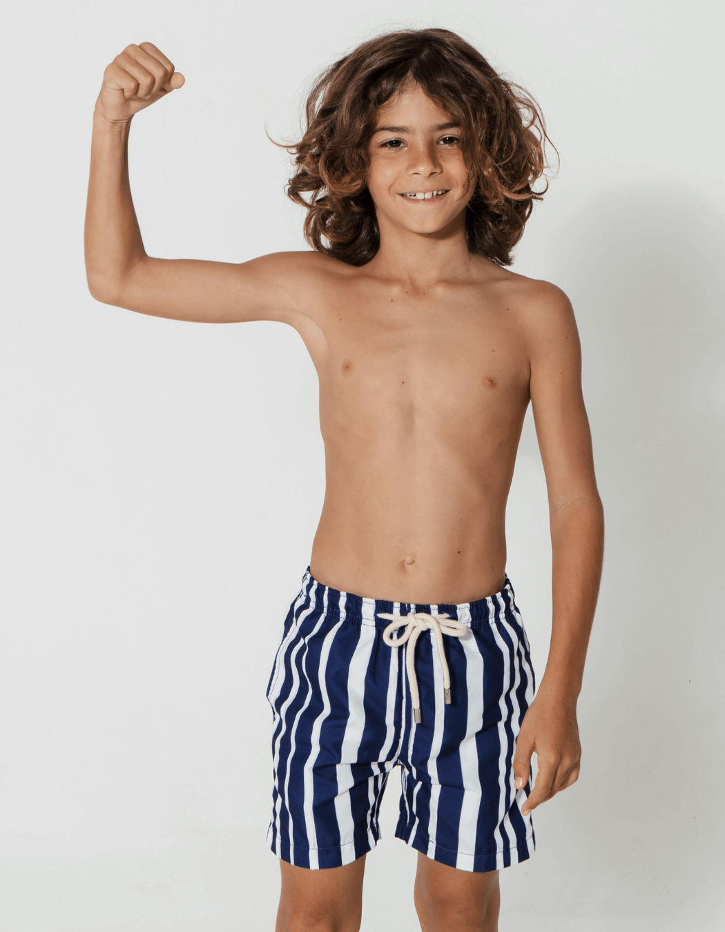 Father & Son Swim Shorts Blue & White Striped, back view. Father and son matching swim shorts.