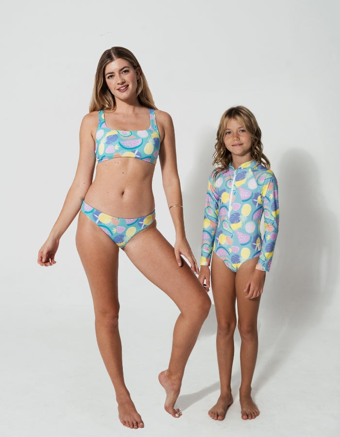 Mother & Daughter Tropicana, front view. Sustainable girls swimwear.