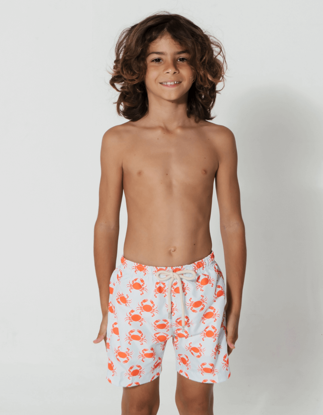 Father & Son Swim Shorts Peach Crab, back view. Father and son matching swim shorts.