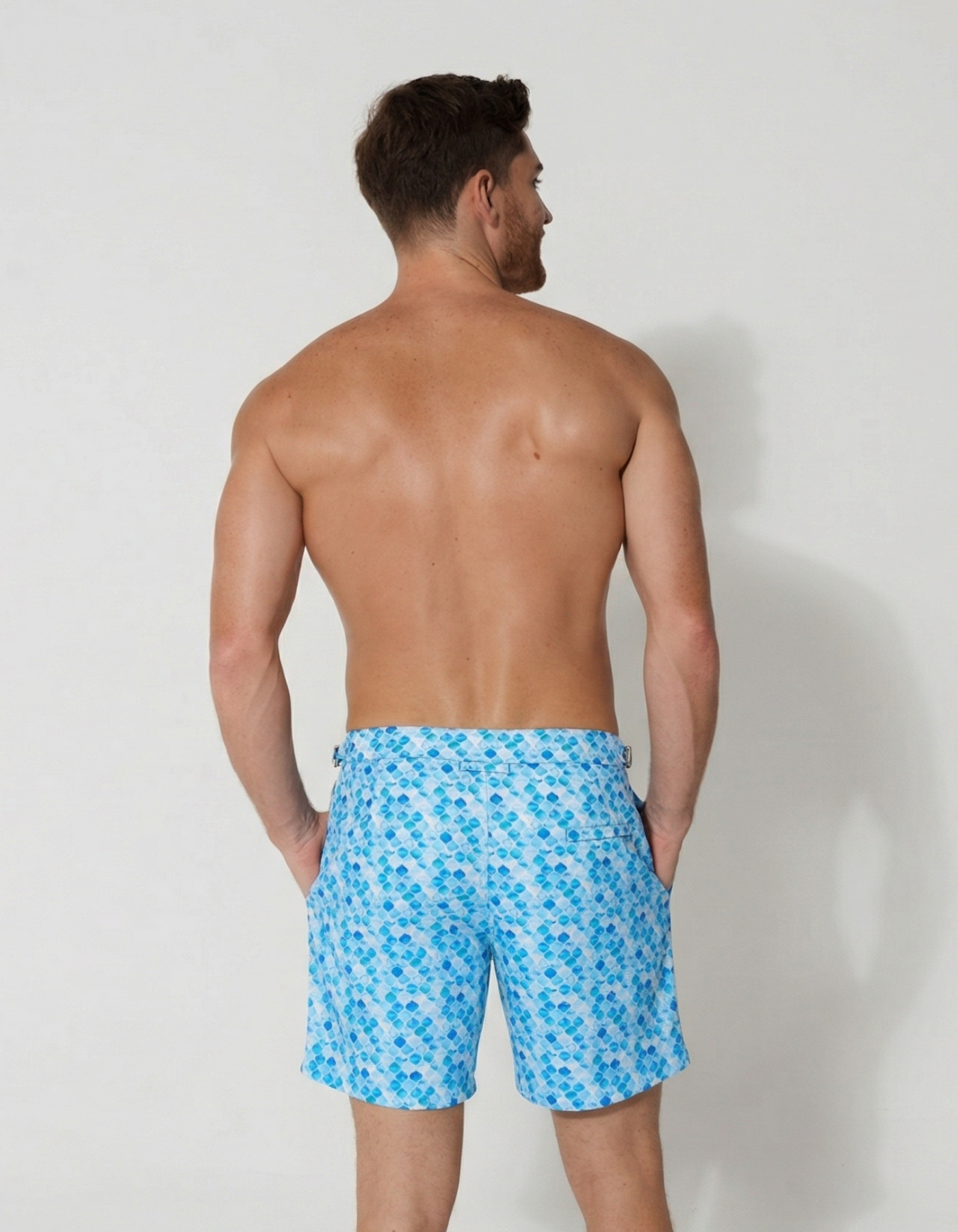 Azure Mosaic Mens Tailored Swim Shorts, back view. Tailored mens swim shorts.