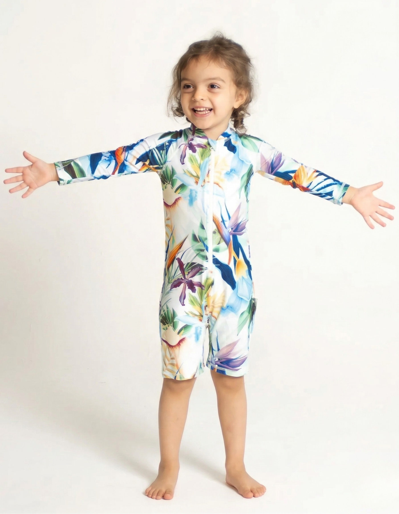 Bird of Paradise Kids Body Suit, front view. Sustainable kids swimwear.