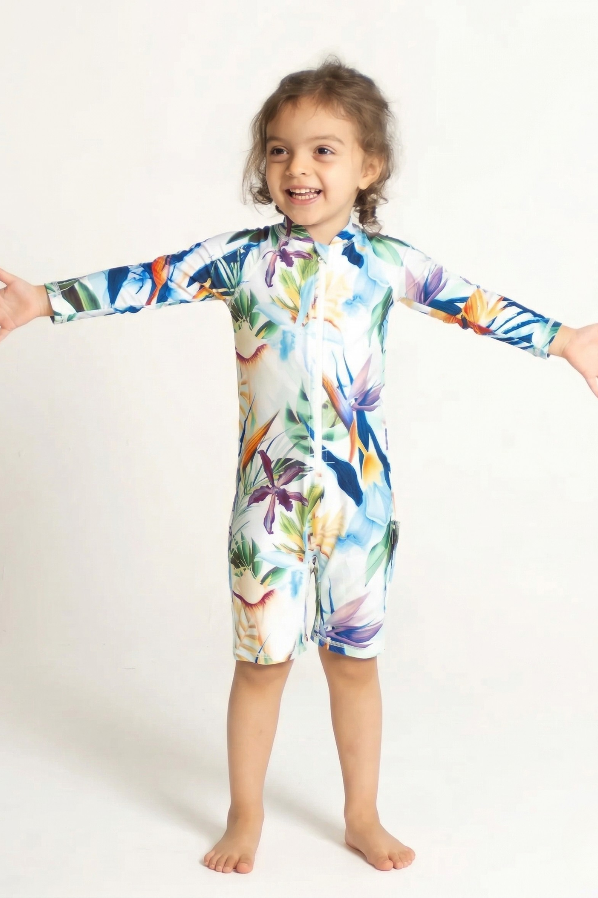 Bird of Paradise Kids Body Suit, front view. Sustainable kids swimwear.