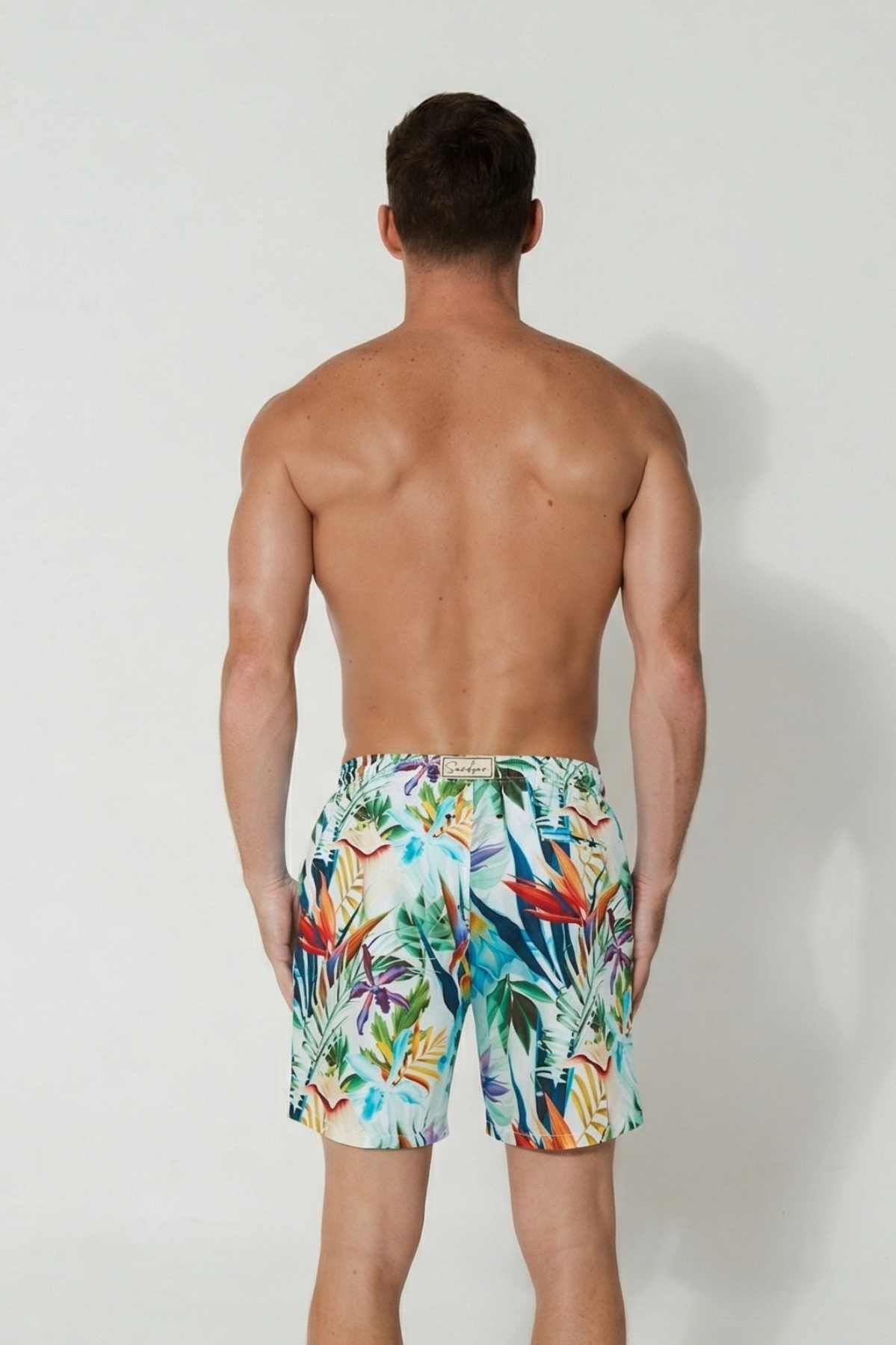 Bird of Paradise Mens Swim Shorts, back view. Sustainable mens swimwear.