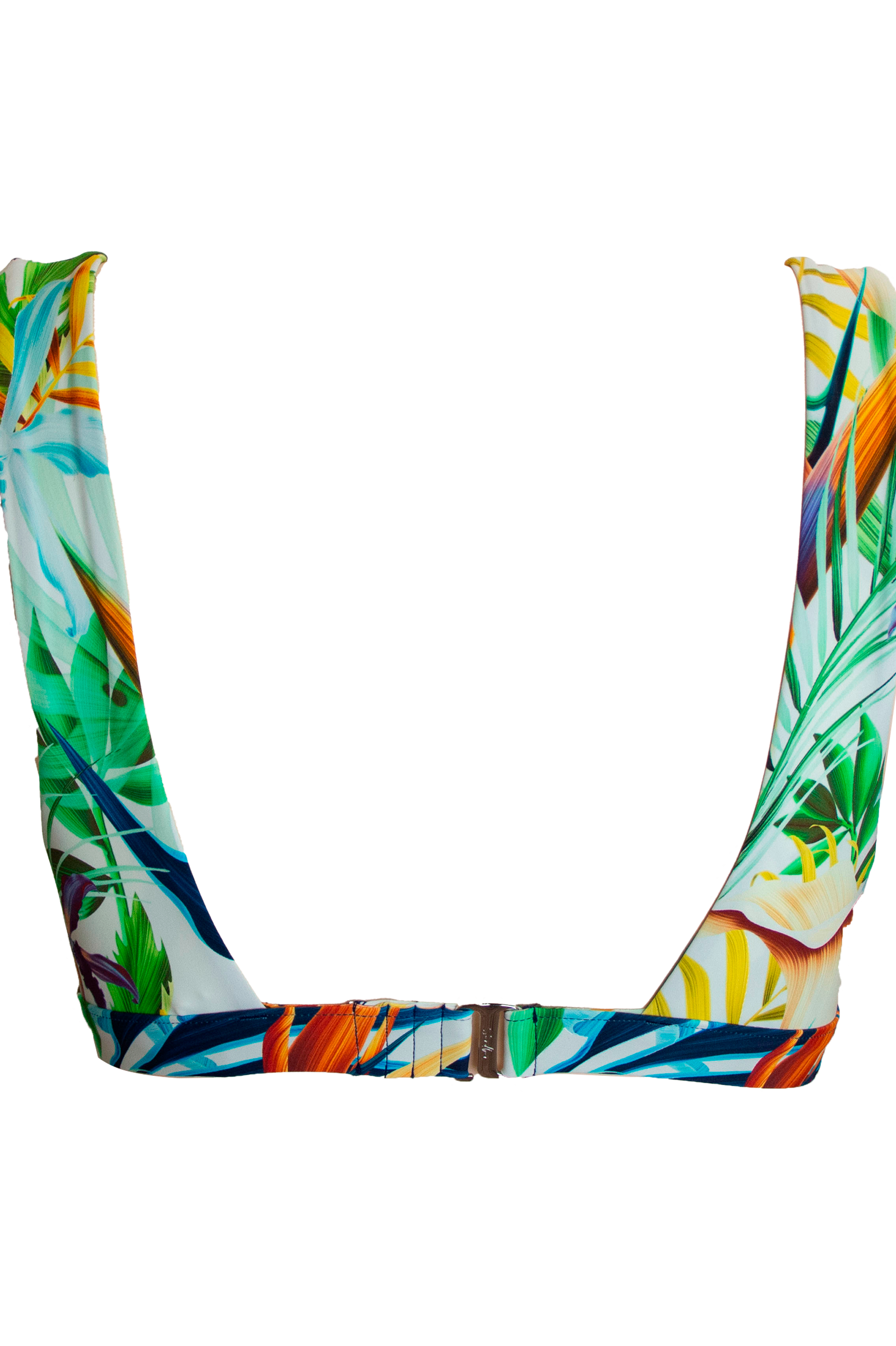 Dune – Bird of Paradise Womens Plunge Bikini Top, back view. Sustainable womens swimwear.