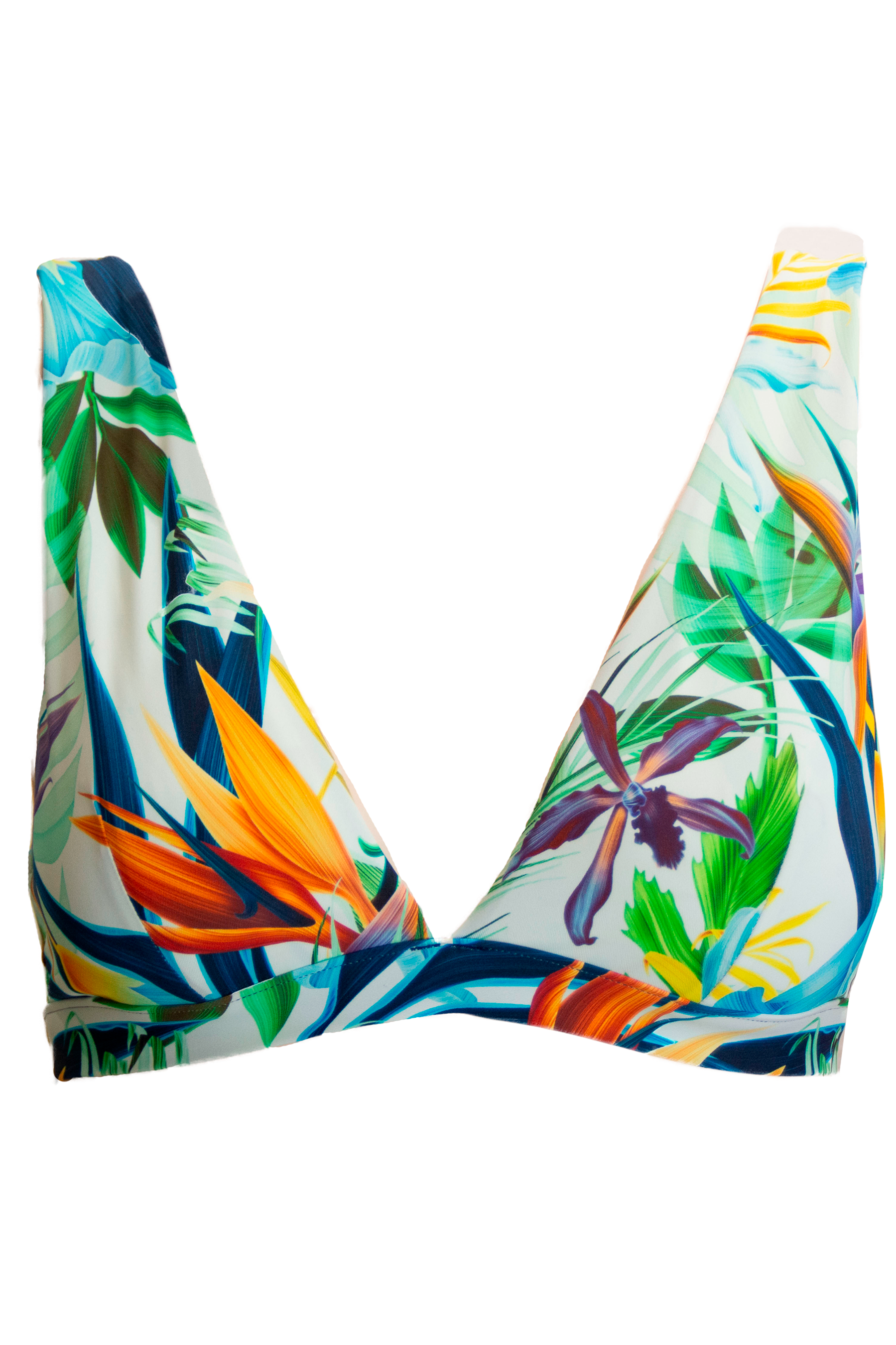 Dune – Bird of Paradise Womens Plunge Bikini Top, front view. Sustainable womens swimwear.