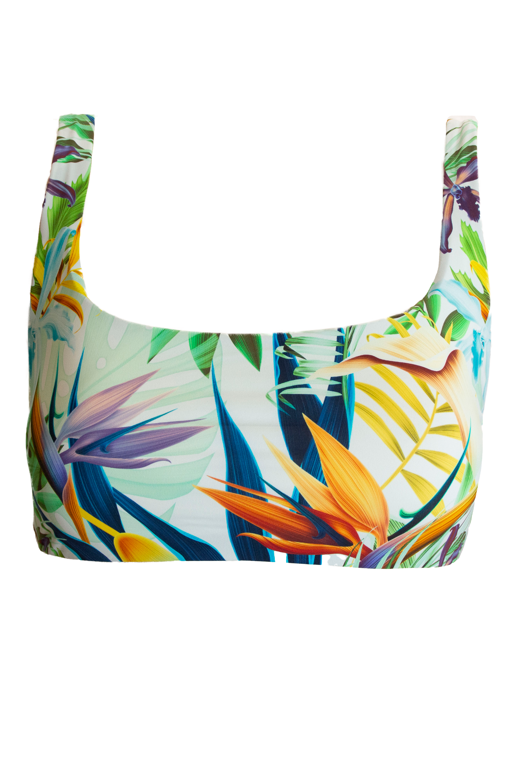 Bird of Paradise Womens Tank Bikini Top, front view. Sustainable womens swimwear.