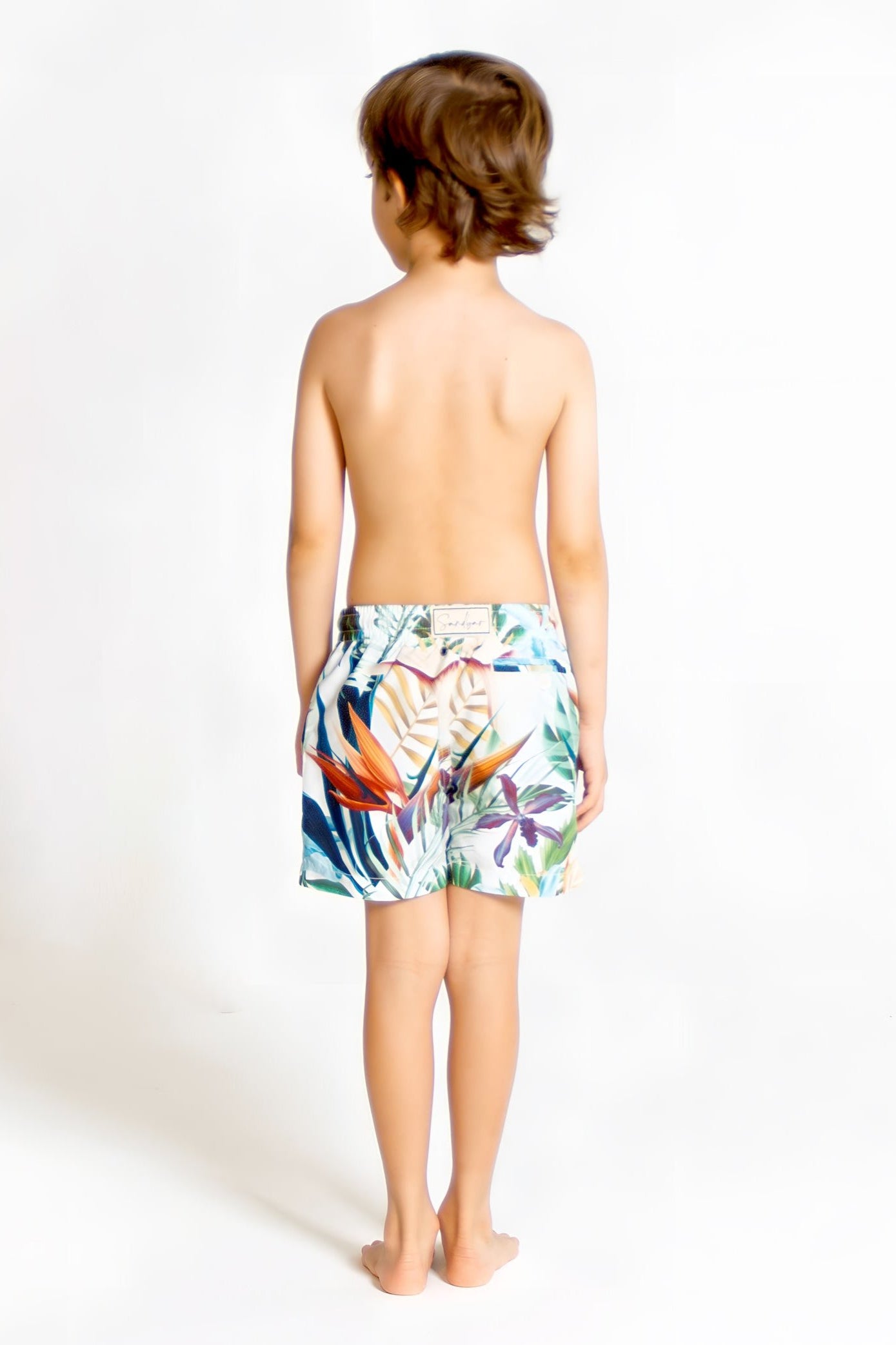 Bird of Paradise Boys Swim Shorts, back view. Sustainable boys swimwear.