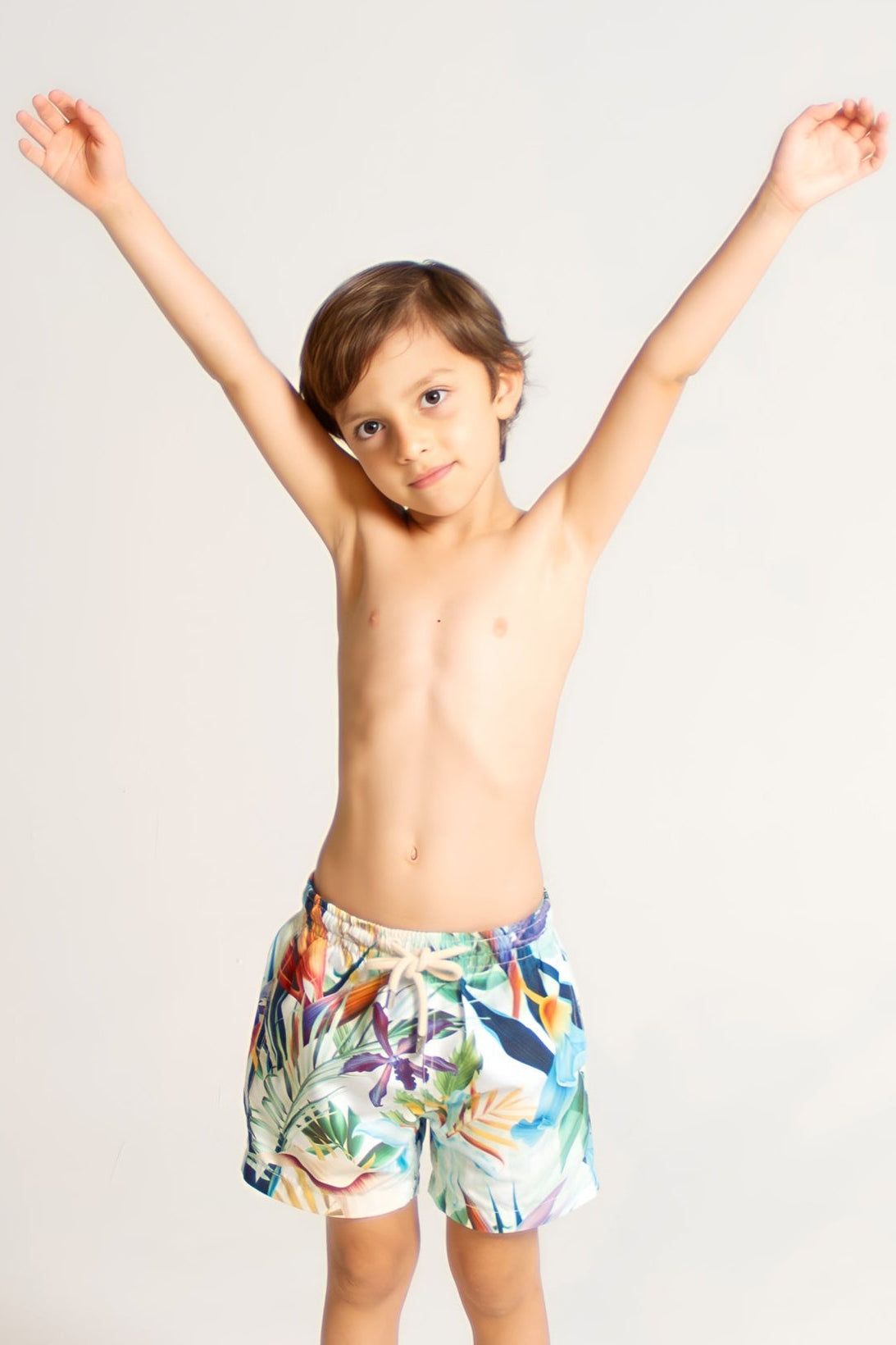 Bird of Paradise Boys Swim Shorts, front view. Sustainable boys swimwear.