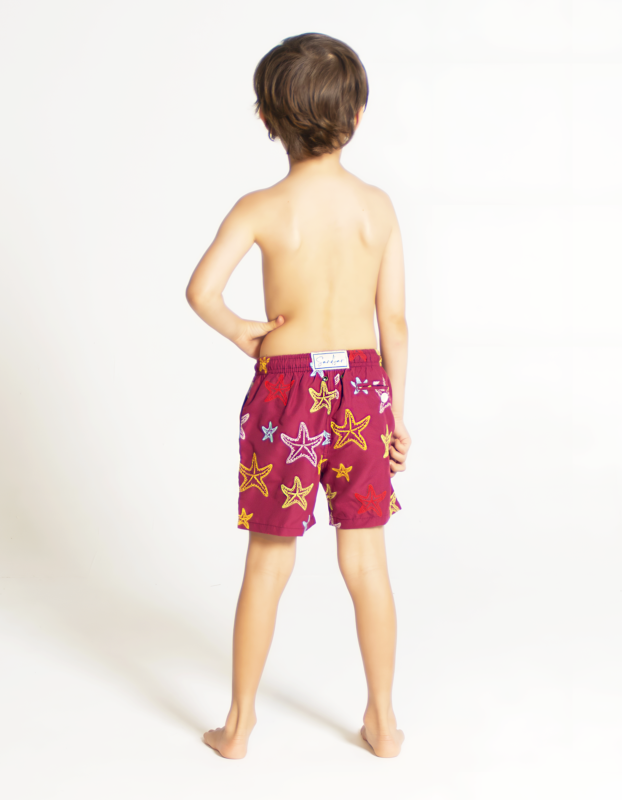 Embroidered Starfish Boys Swim Shorts, back view. Embroidered kids swim shorts.