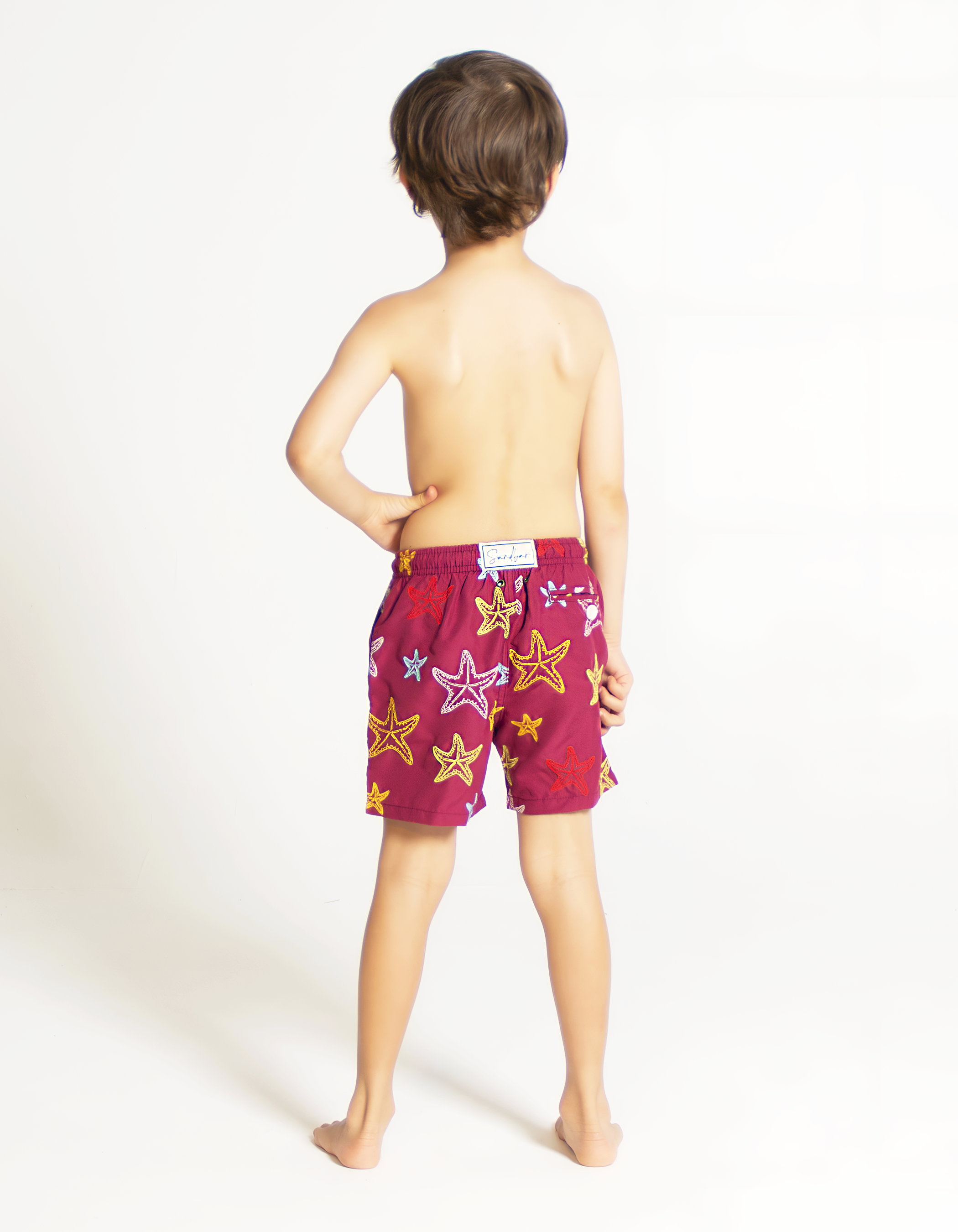 Embroidered Starfish Boys Swim Shorts, back view. Embroidered kids swim shorts.