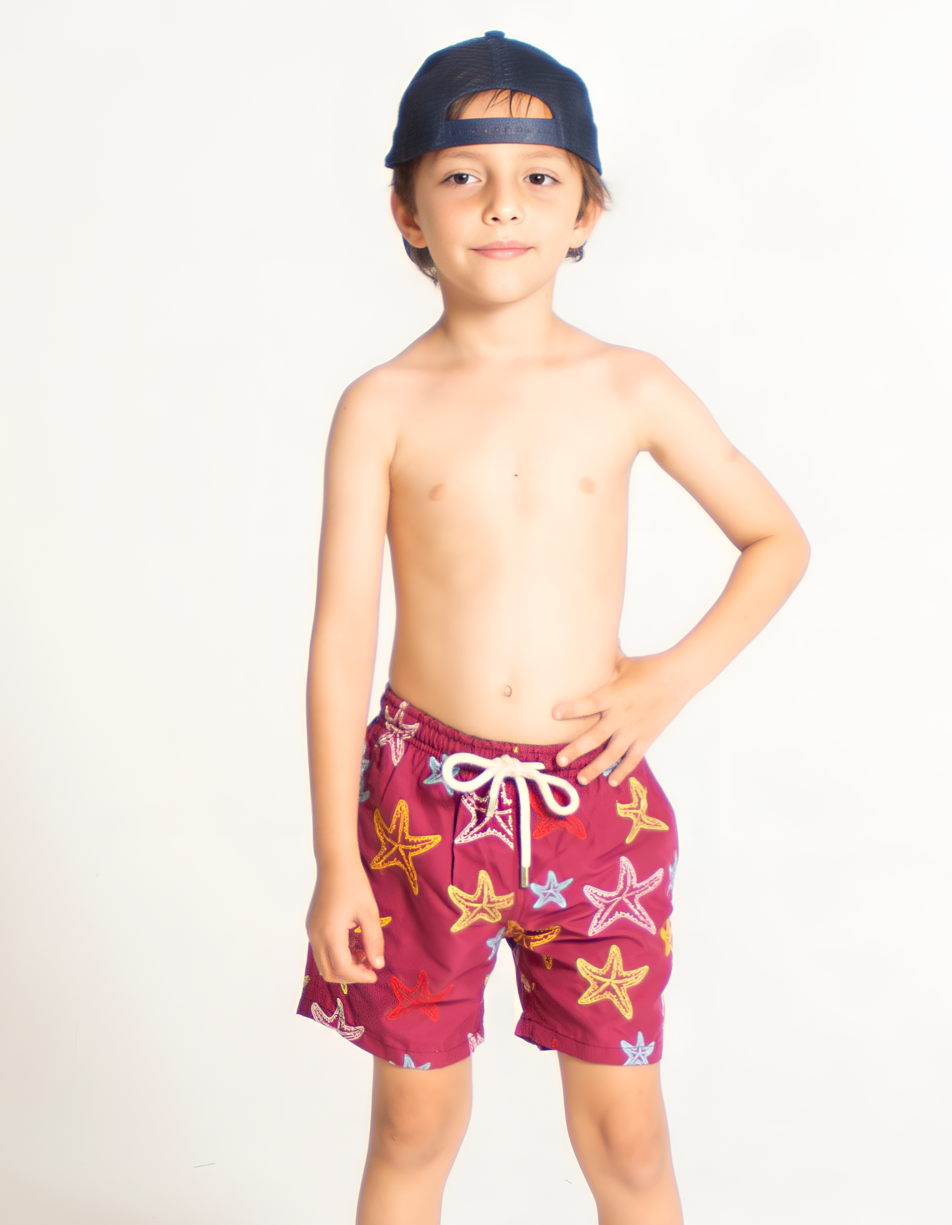 Embroidered Starfish Boys Swim Shorts, front view. Embroidered kids swim shorts.