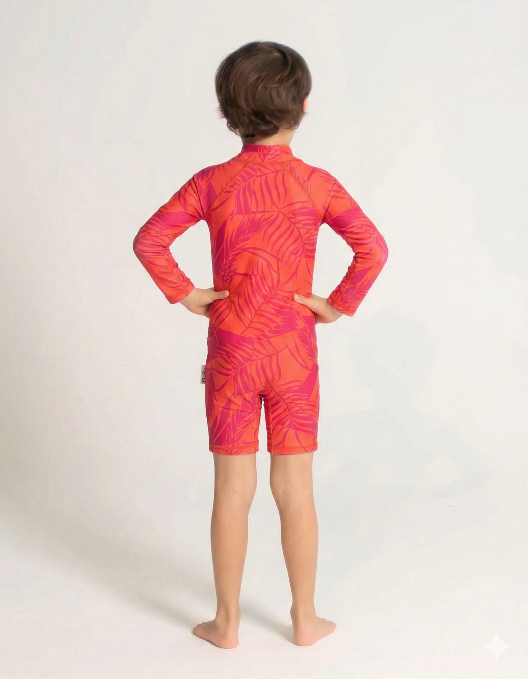 Aperol Palm Kids Body Suit, back view. Sustainable kids swimwear.