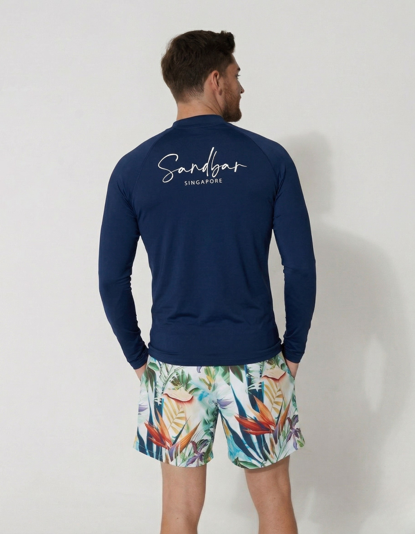 Deep Blue Long Sleeved Mens Rash Guard, back view. Mens UPF50 rash guard.