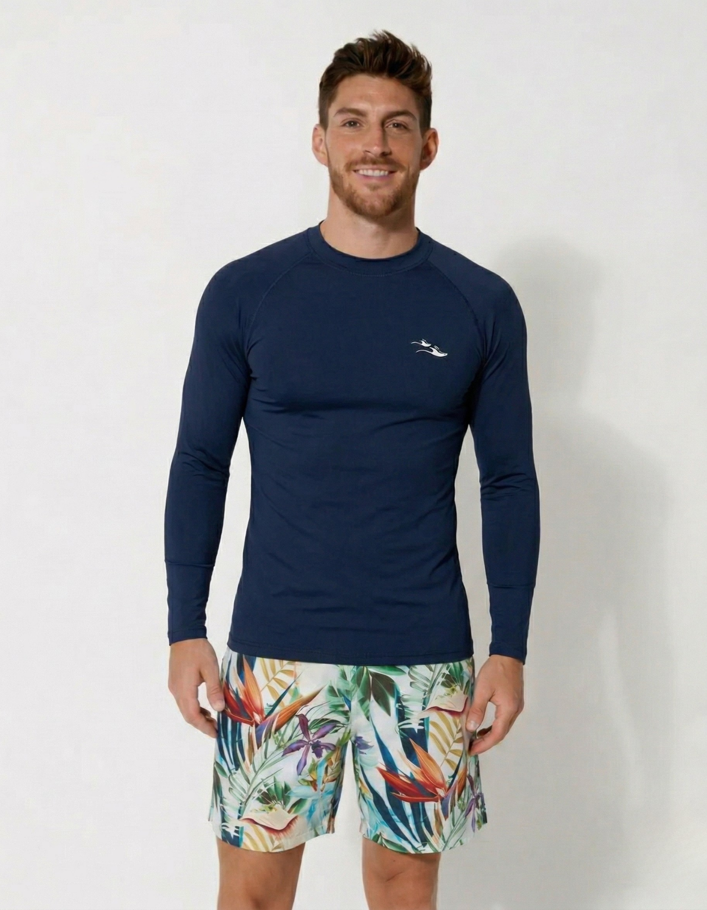 Deep Blue Long Sleeved Mens Rash Guard, front view. Mens UPF50 rash guard.
