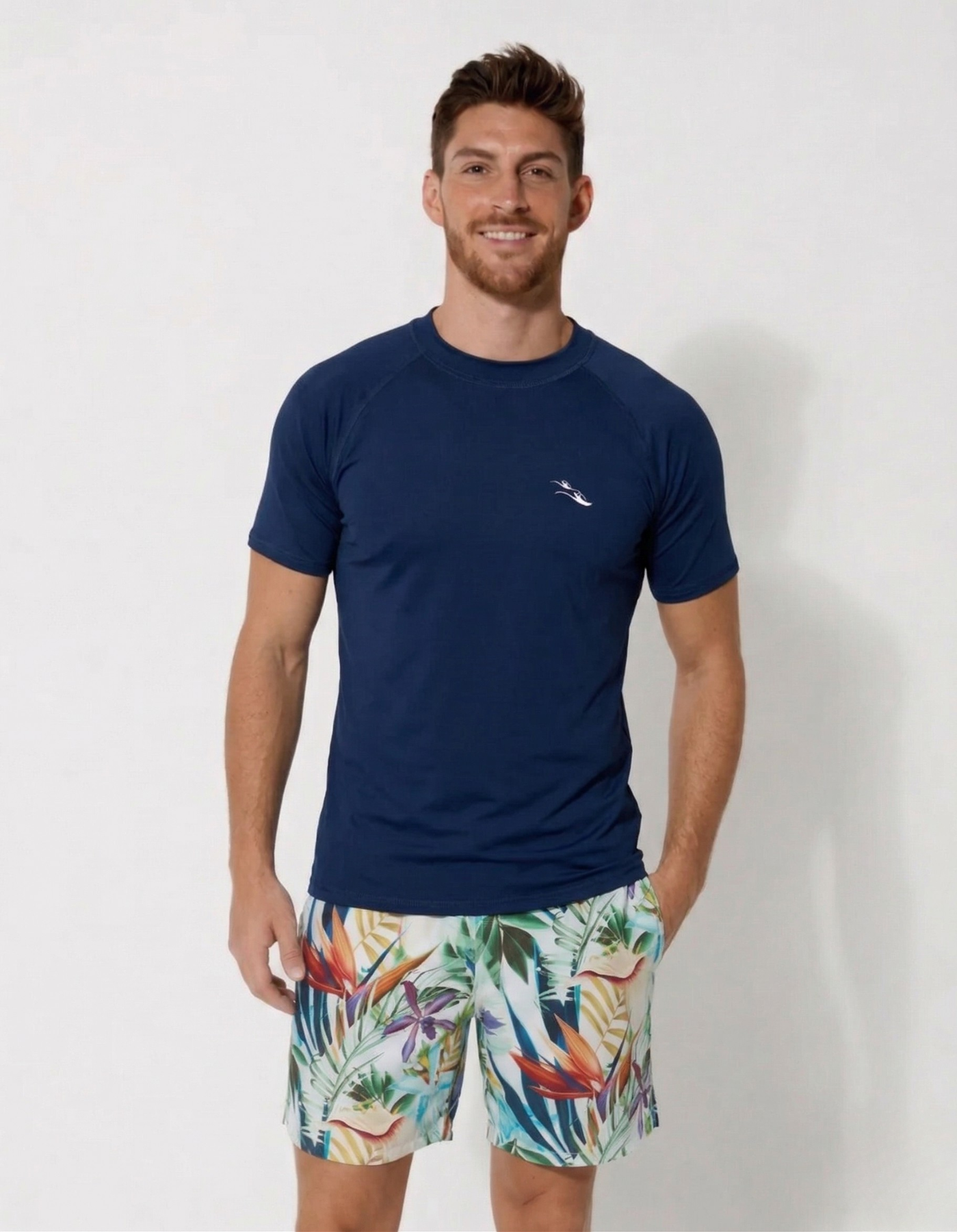 Deep Blue Short Sleeved Mens Rash Guard, front view. Mens UPF50 rash guard.