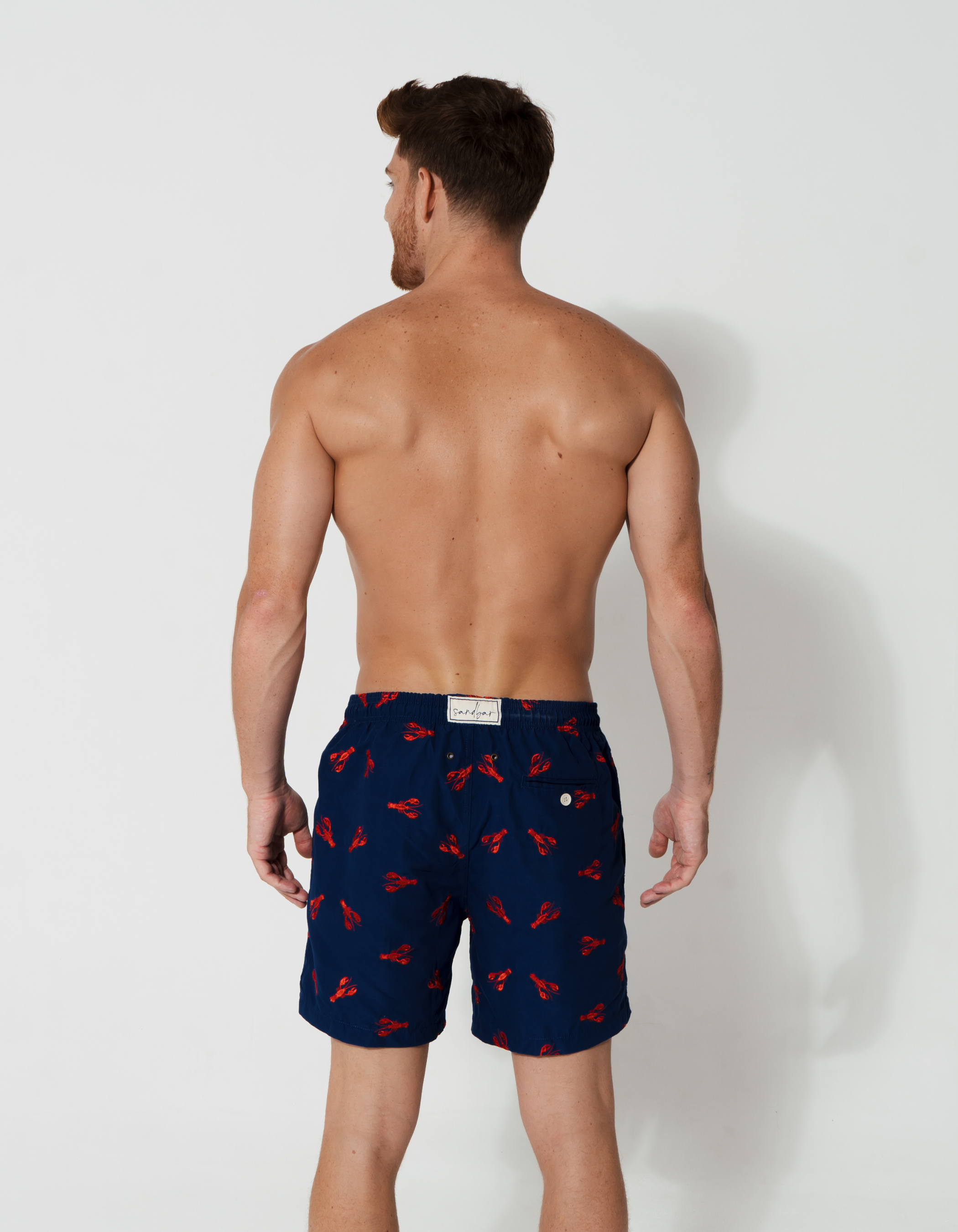Embroidered Red Lobster Mens Swim Shorts, print detail. Embroidered mens swim shorts.
