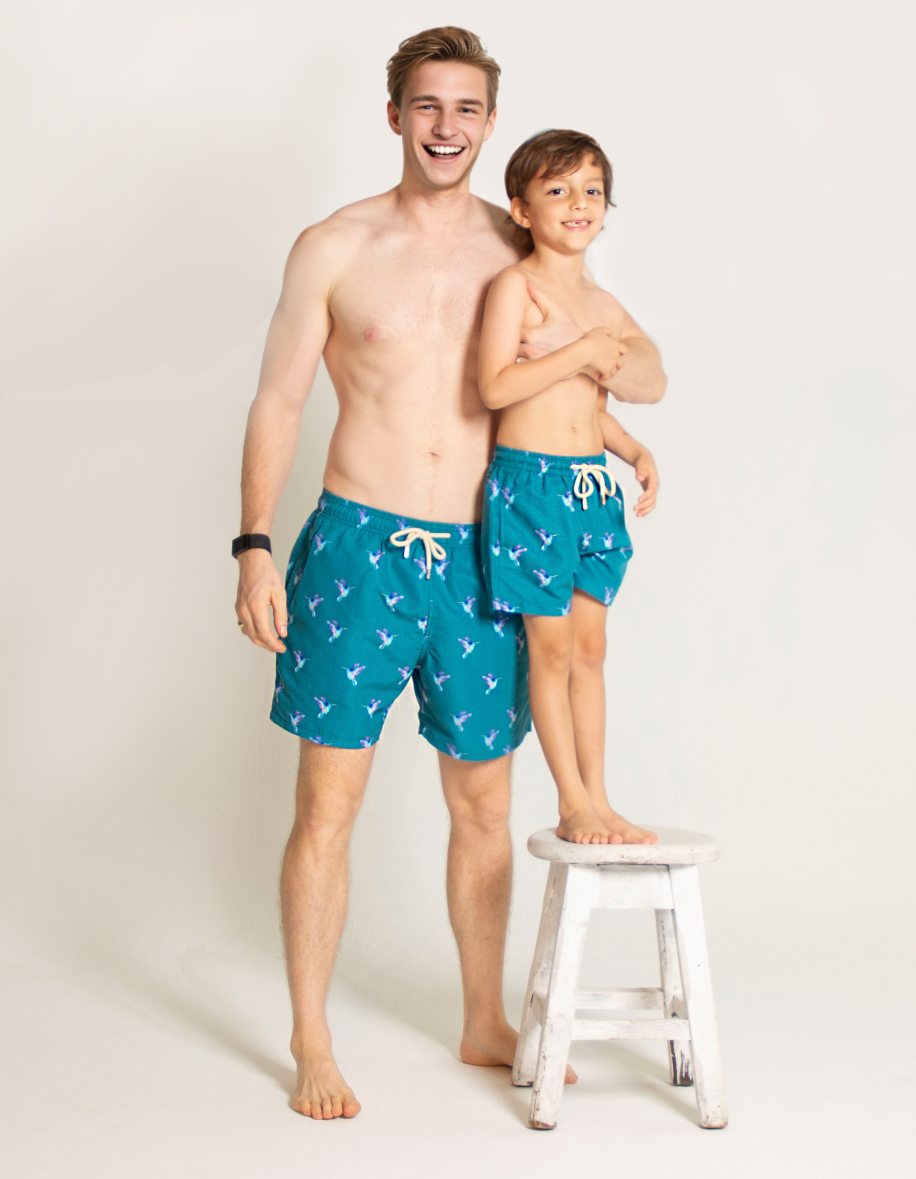 Hummingbird Boys Swim Shorts, front view. Sustainable boys swimwear.