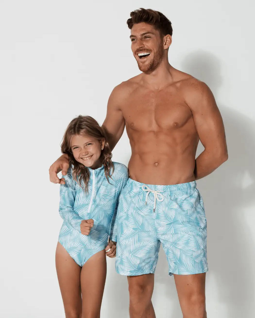 Father & Daughter Matching Swimwear Green Fern, front view. Father and son matching swim shorts.