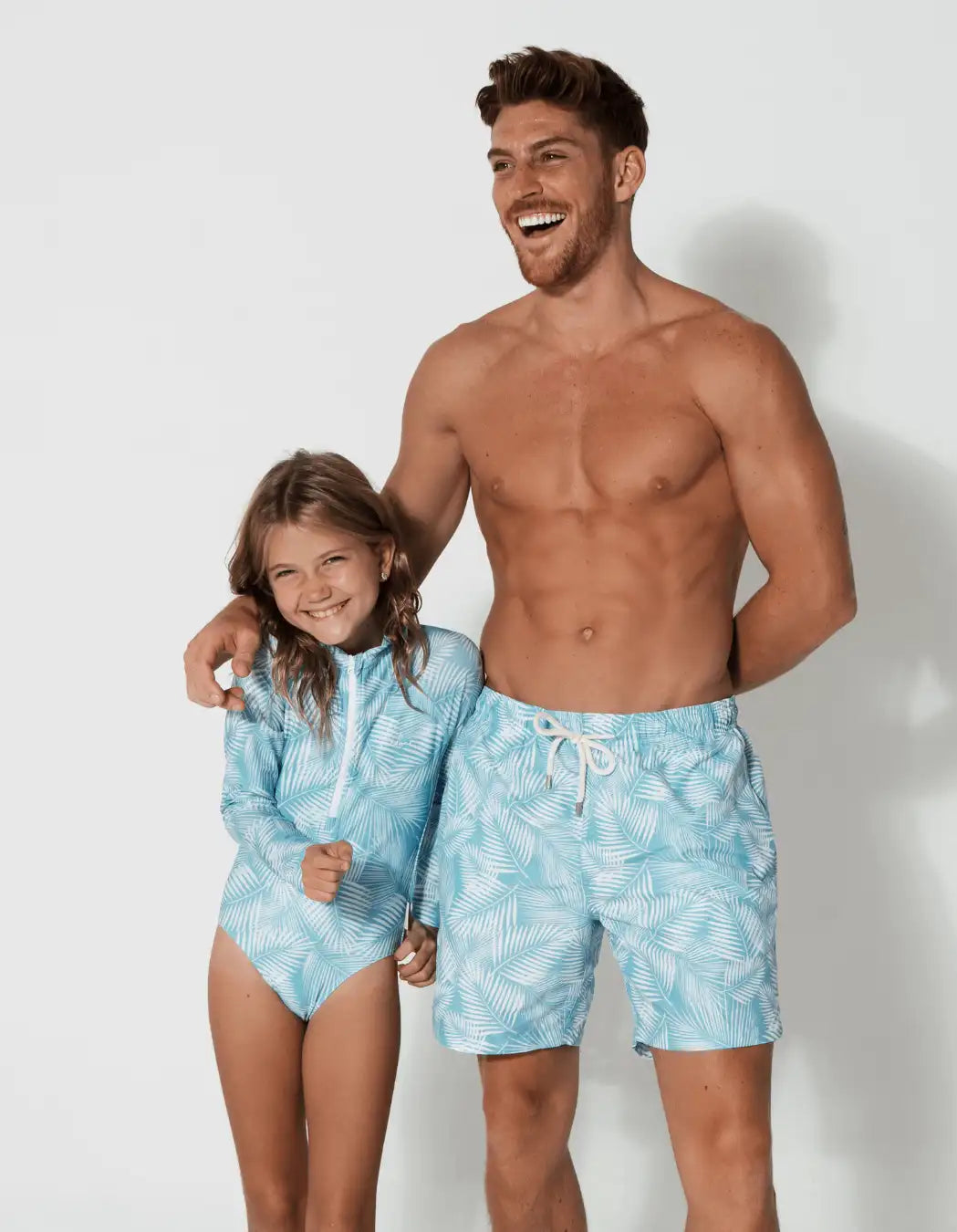 Father & Daughter Matching Swimwear Green Fern, front view. Father and son matching swim shorts.