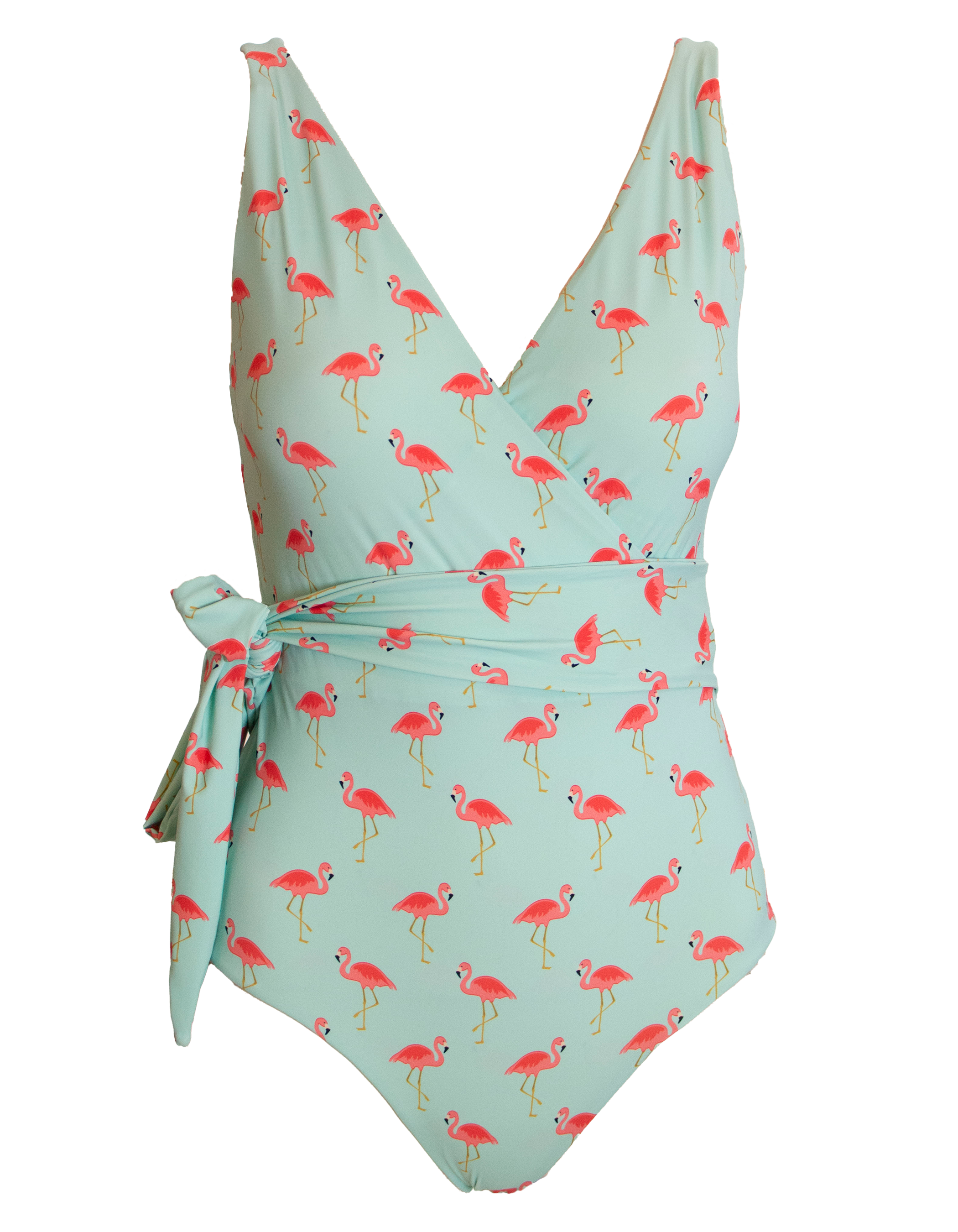 Flamingo_Womens_One_Piece_Wrap_Swim_Suit_Front_full_coverage_breastfeeding_sash_tie