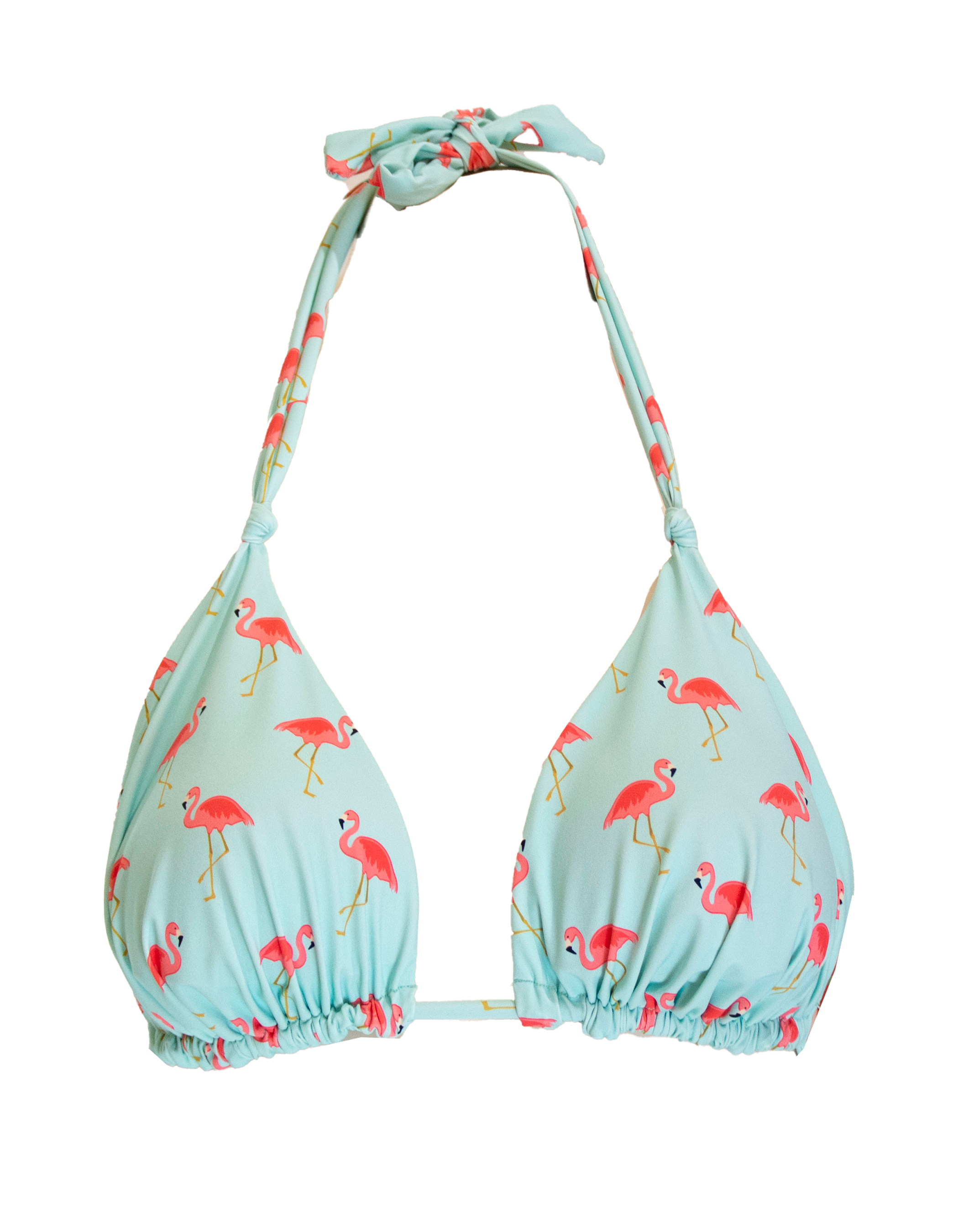 Pink Flamingo Womens Triangle Bikini Top, lifestyle shot. Sustainable womens swimwear.