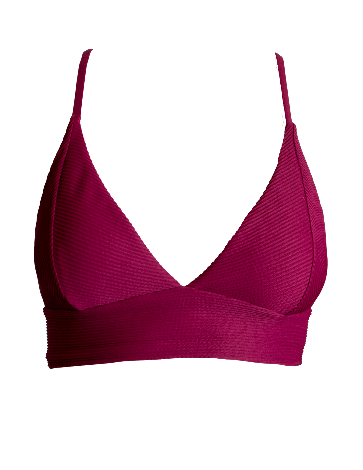 Flores Plum Womens Ribbed Plunge Bikini Top, front view. Sustainable womens swimwear.
