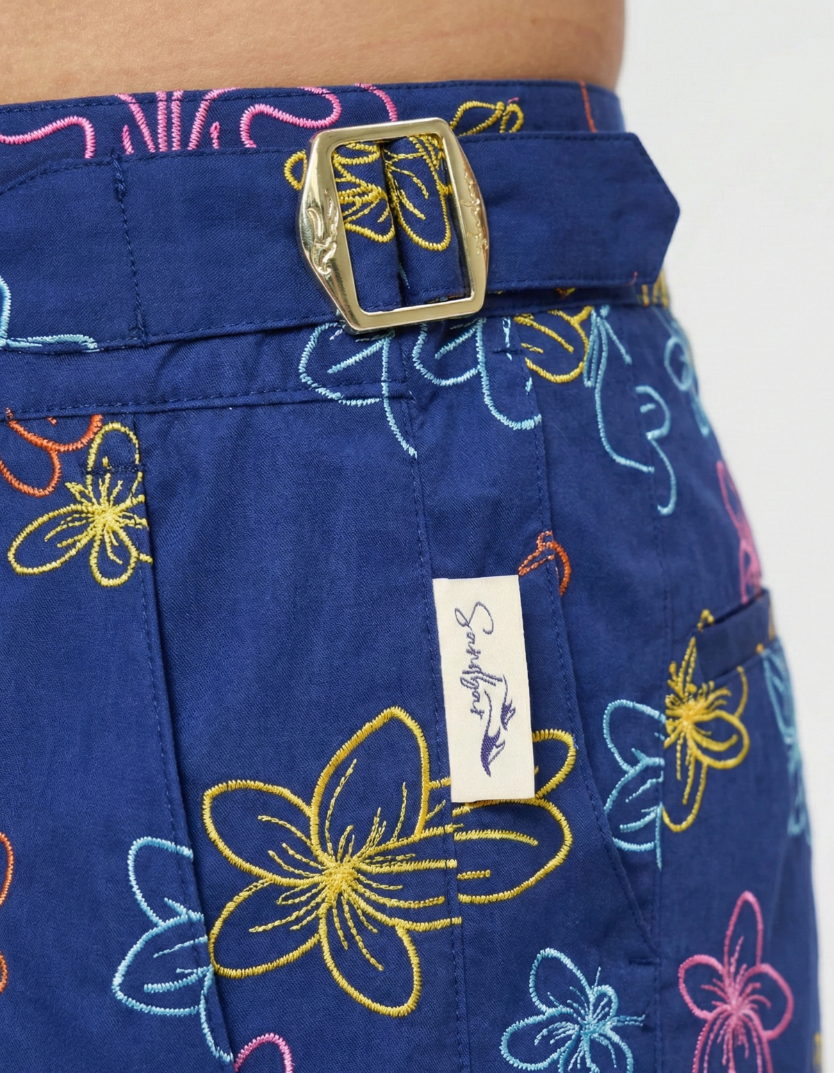 Embroidered Honolulu Mens Tailored Swim Shorts, back view. Embroidered mens swim shorts.