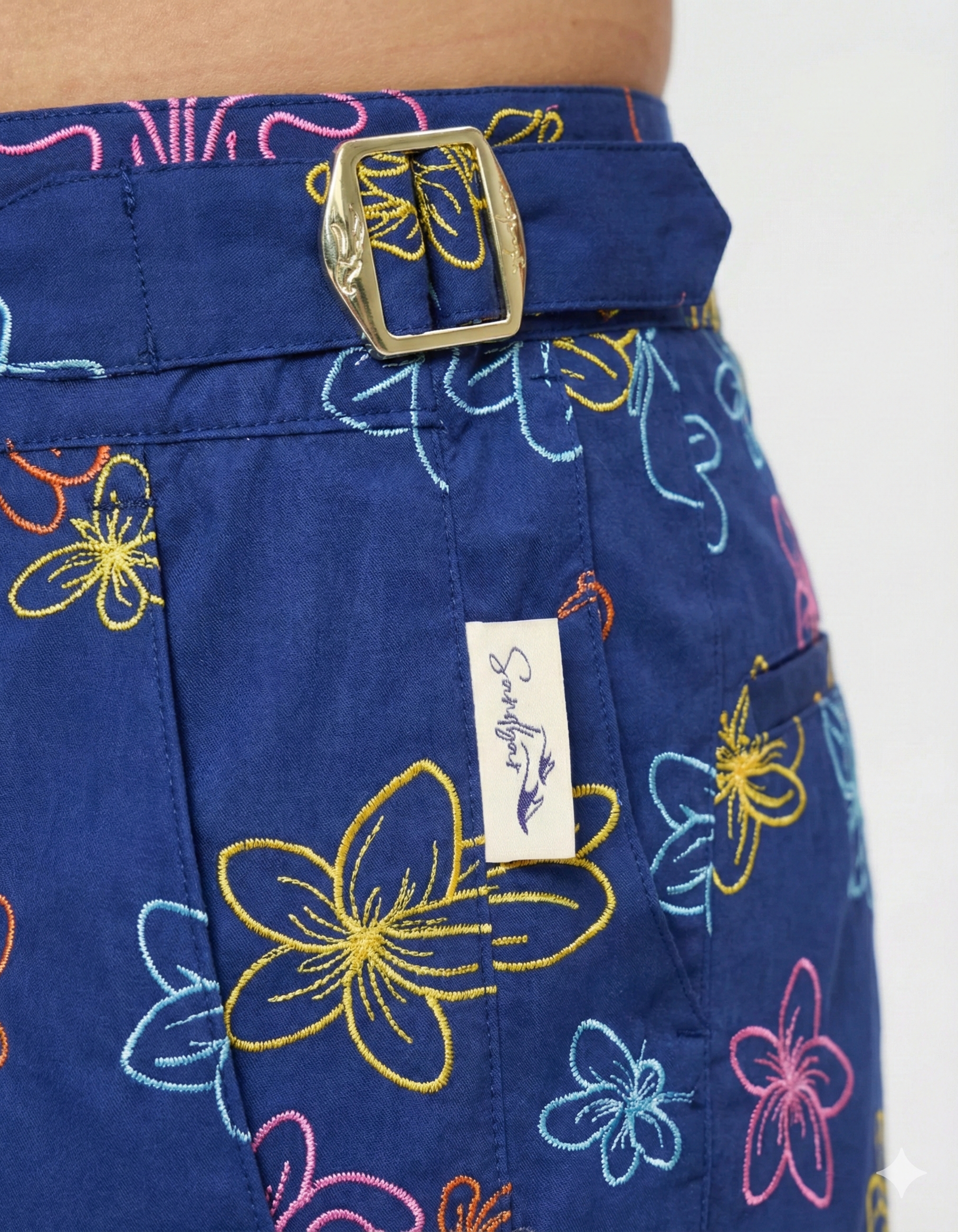 Embroidered Honolulu Mens Tailored Swim Shorts, back view. Embroidered mens swim shorts.