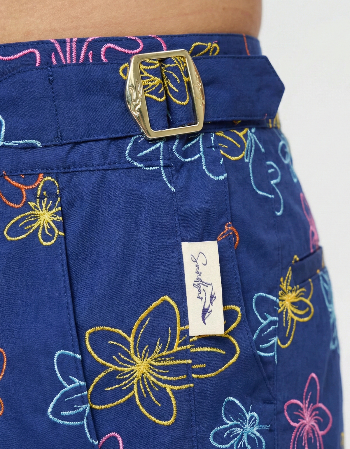 Embroidered Honolulu Mens Tailored Swim Shorts, back view. Embroidered mens swim shorts.